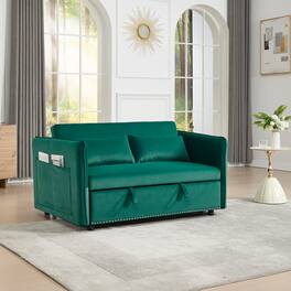 Tiramisubest - 3 in 1 Convertible Sleeper Futon Sofa Bed,55" Velvet Loveseat with 2 Pillows,Reclining Backrest & Side Pockets - Green