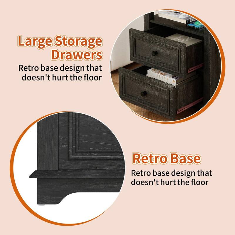 Large Storage Drawers  
Retro base design that doesn't hurt the floor  

Retro Base  
Retro base design that doesn't hurt the floor