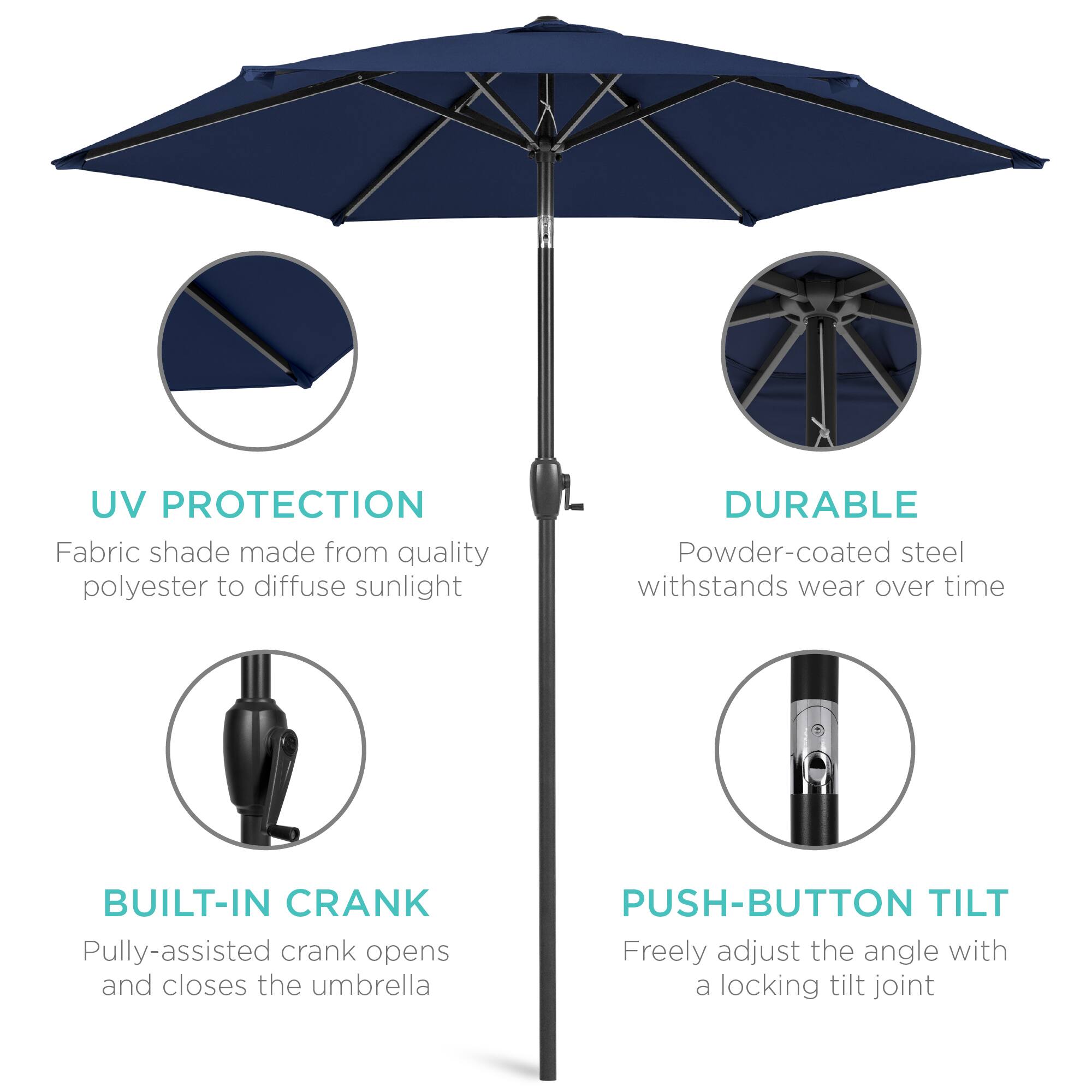 - **UV PROTECTION**  
  Fabric shade made from quality polyester to diffuse sunlight

- **DURABLE**  
  Powder-coated steel withstands wear over time

- **BUILT-IN CRANK**  
  Pulley-assisted crank opens and closes the umbrella

- **PUSH-BUTTON TILT**  
  Freely adjust the angle with a locking tilt joint