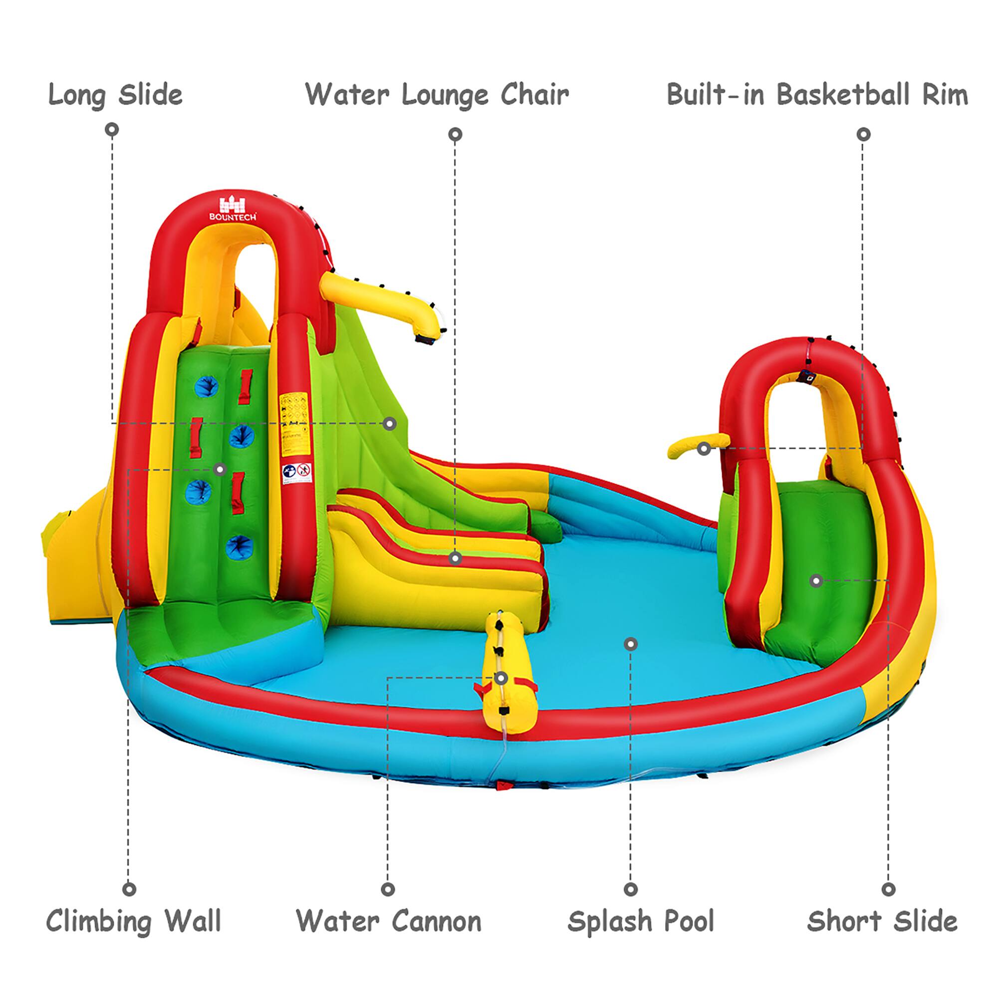 Long Slide  
Water Lounge Chair  
Built-in Basketball Rim  
Climbing Wall  
Water Cannon  
Splash Pool  
Short Slide