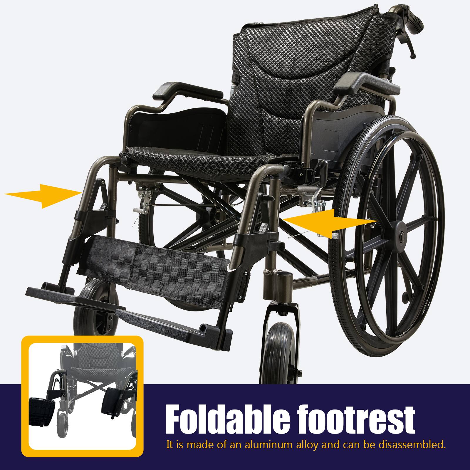 Foldable footrest  
It is made of an aluminum alloy and can be disassembled.
