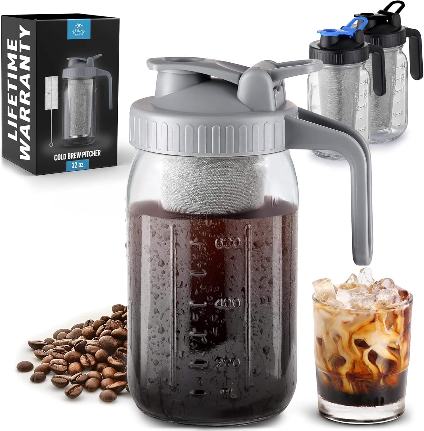 Zulay Kitchen - Premium Cold Brew Coffee Maker - 32oz Mason Jar with Leak-Proof Lid & Extra Thick Glass - Gray