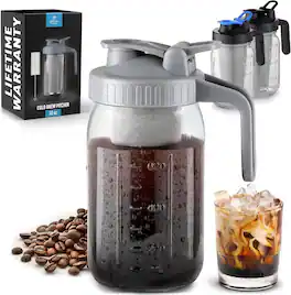 Zulay Kitchen - Premium Cold Brew Coffee Maker - 32oz Mason Jar with Leak-Proof Lid & Extra Thick Glass - Gray