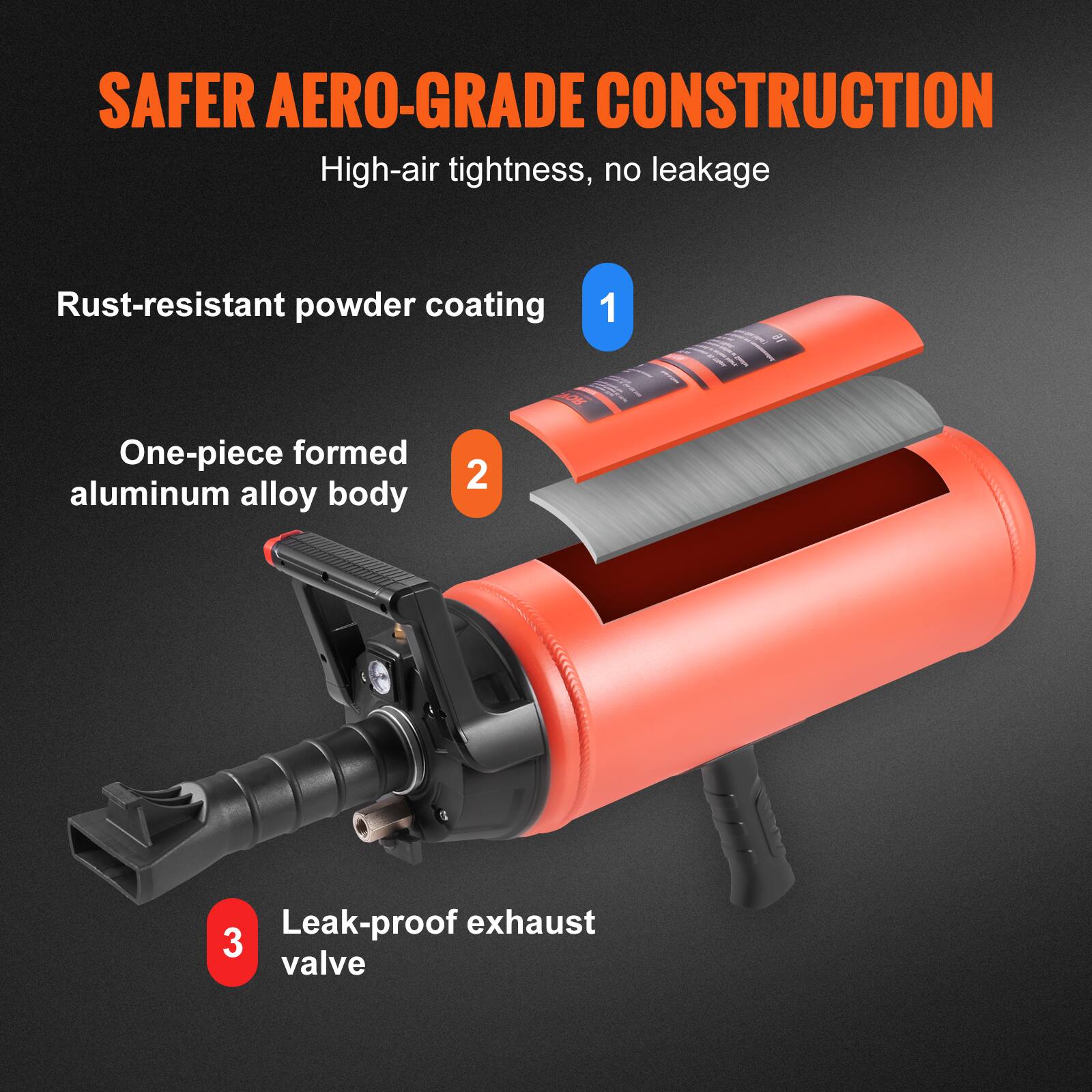 SAFER AERO-GRADE CONSTRUCTION  
High-air tightness, no leakage  

1. Rust-resistant powder coating  
2. One-piece formed aluminum alloy body  
3. Leak-proof exhaust valve