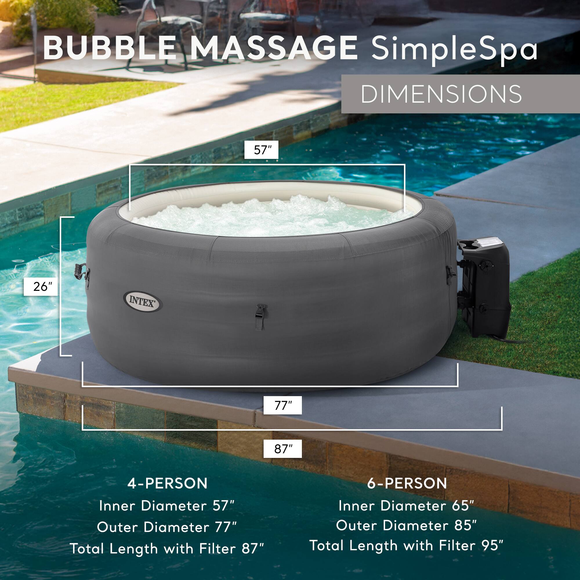 BUBBLE MASSAGE SimpleSpa  
DIMENSIONS  

4-PERSON  
Inner Diameter 57"  
Outer Diameter 77"  
Total Length with Filter 87"  

6-PERSON  
Inner Diameter 65"  
Outer Diameter 85"  
Total Length with Filter 95"