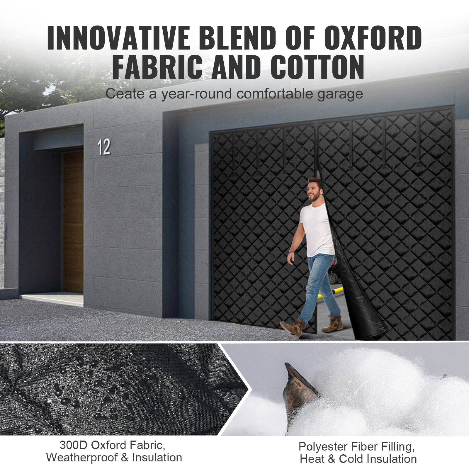 INNOVATIVE BLEND OF OXFORD FABRIC AND COTTON  
Create a year-round comfortable garage  

12  

300D Oxford Fabric, Weatherproof & Insulation  
Polyester Fiber Filling, Heat & Cold Insulation