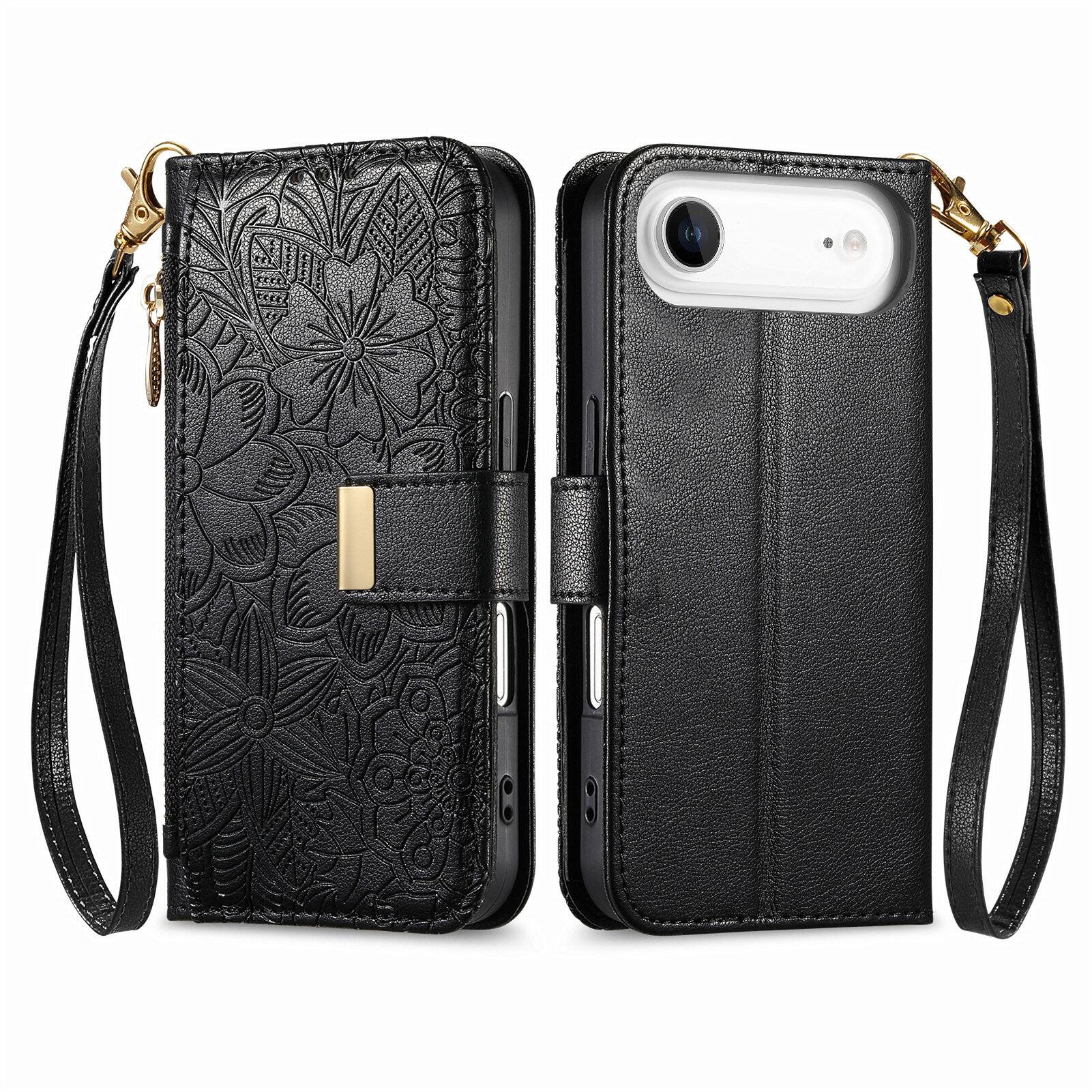 Angle. UUCOVER - Floral PU Leather Wallet Case for Apple iPhone Air with Zipper Pocket, Card Slots,Shoulder & Wrist Strap, Stand Cover - Black.