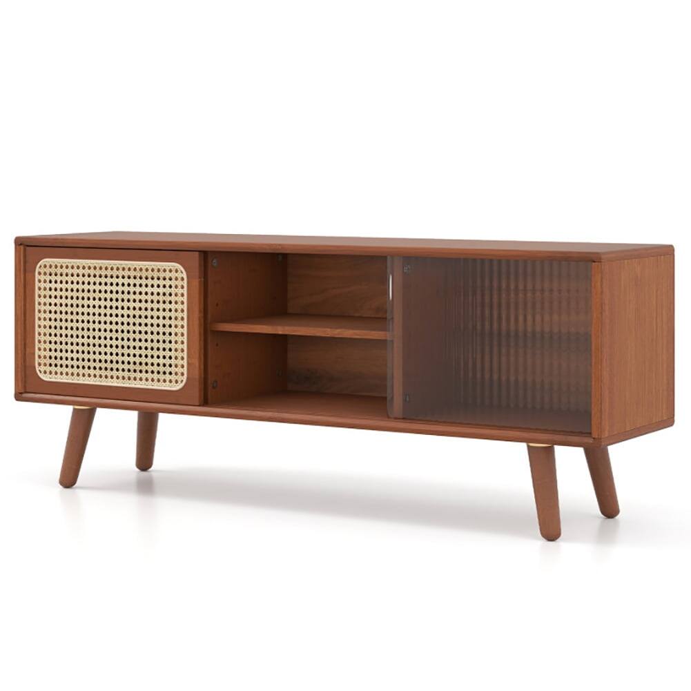 Angle. Pefilos - Modern TV Stand with Rattan Glass Sliding Doors, Entertainment Center, Brown TV Cabinet - Brown.
