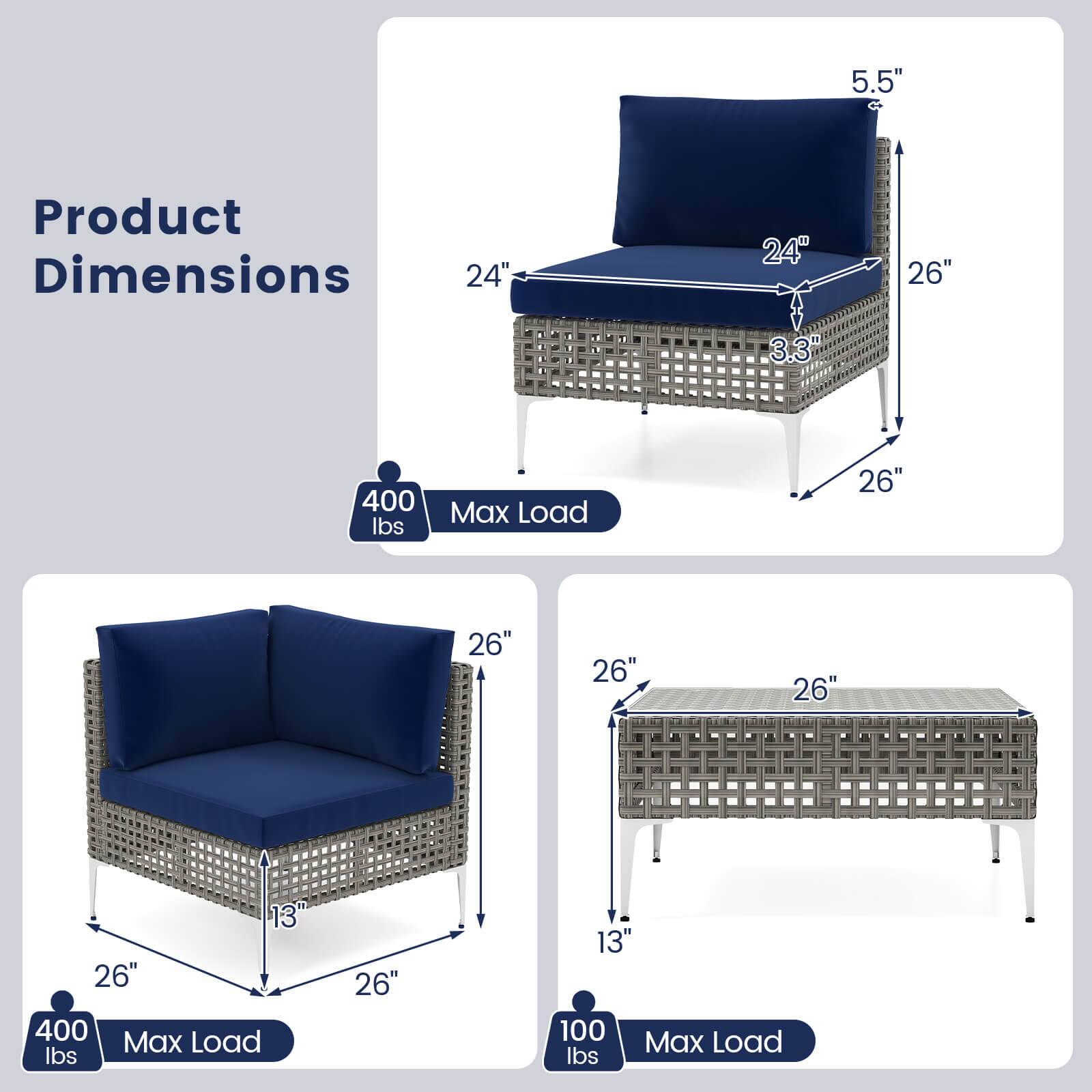 Product Dimensions

- 5.5" (Height)
- 24" (Width)
- 26" (Depth)
- 3.3" (Seat Height)
- 26" (Leg Height)
- 400 lbs Max Load

- 26" (Width)
- 26" (Depth)
- 13" (Height)
- 400 lbs Max Load

- 26" (Width)
- 26" (Depth)
- 13" (Height)
- 100 lbs Max Load