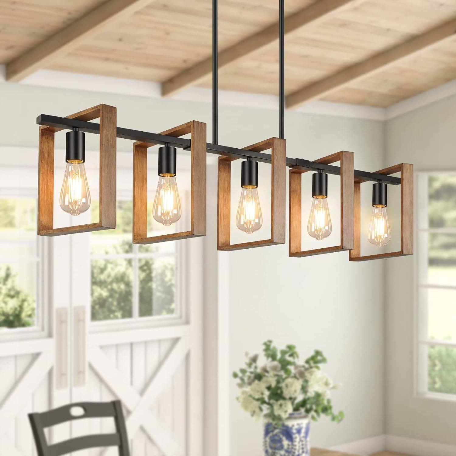 Front. Nordic Hygge - 53’’ Farmhouse Kitchen Island Lighting, 5-Light Adjustable Dining Room Light Fixtures, Rustic Wood Chandeliers Black - Wood.