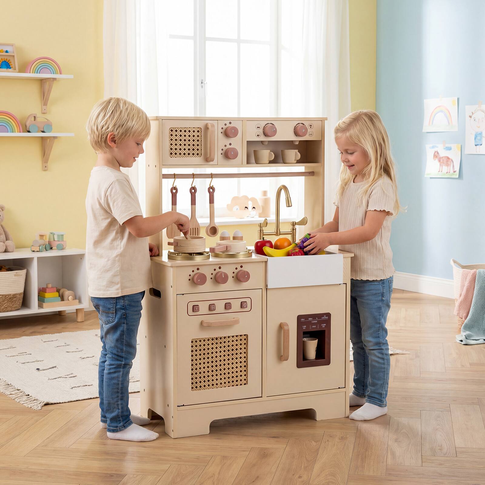 Alt View 3. Costway - Costway Kids Play Kitchen, Wooden Pretend Kitchen Playset with Rattan Doors, Stoves - Yellow.