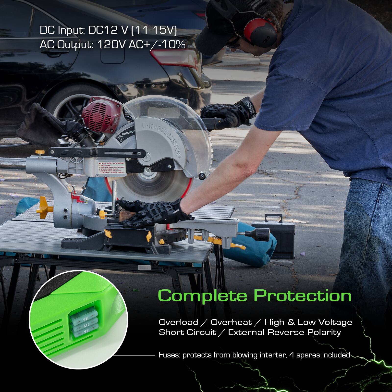 DC Input: DC12 V (11-15V)  
AC Output: 120V AC +/-10%  

Complete Protection  
Overload / Overheat / High & Low Voltage Short Circuit / External Reverse Polarity  

Fuses: protects from blowing interter, 4 spares included