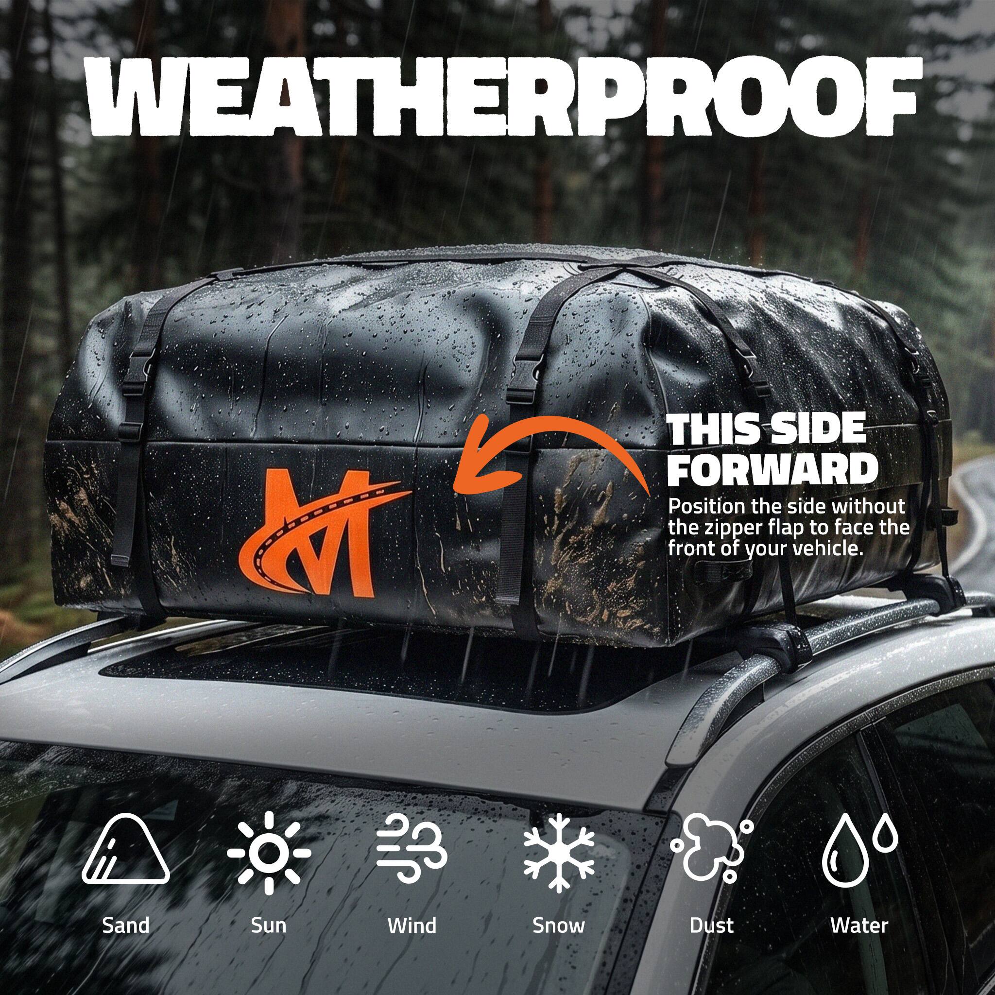 WEATHERPROOF

THIS SIDE FORWARD
Position the side without the zipper flap to face the front of your vehicle.

Sand
Sun
Wind
Snow
Dust
Water