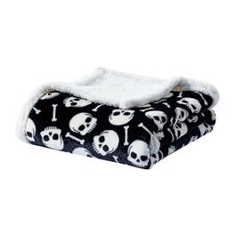 Noble House - Skull & Bones Faux Shearling Micro Plush Throw Blanket 50" x 60" by Plazatex - Black & white
