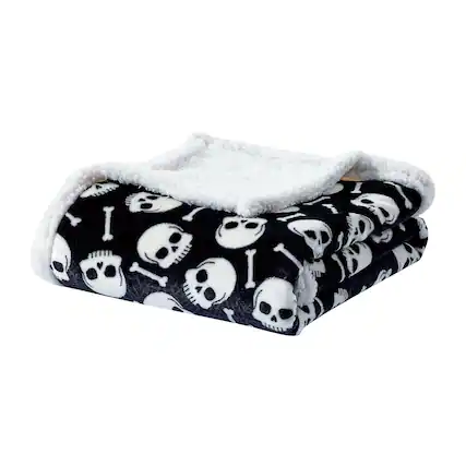 Front. Noble House - Skull & Bones Faux Shearling Micro Plush Throw Blanket 50" x 60" Black & White by Plazatex - Black & white.