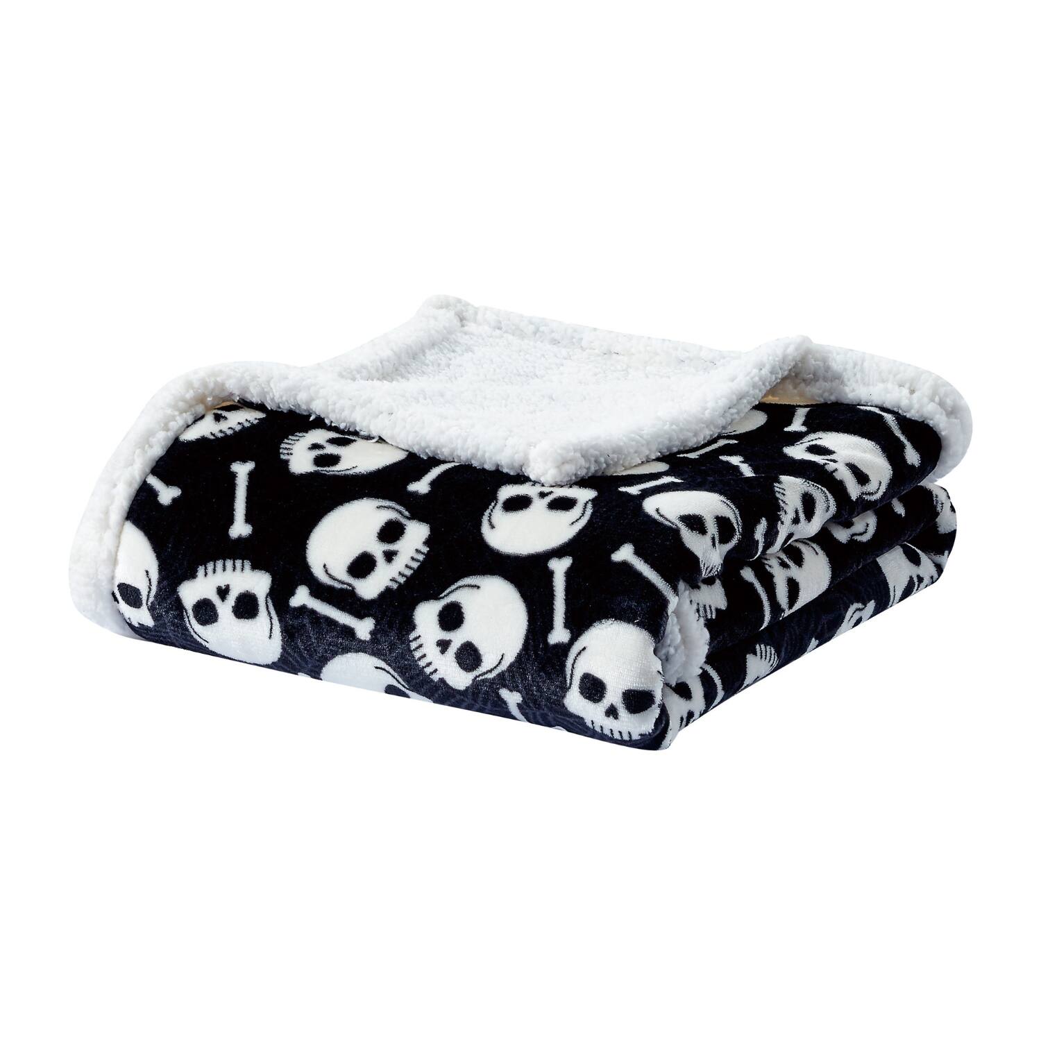 Front. Noble House - Skull & Bones Faux Shearling Micro Plush Throw Blanket 50" x 60" Black & White by Plazatex - Black & white.