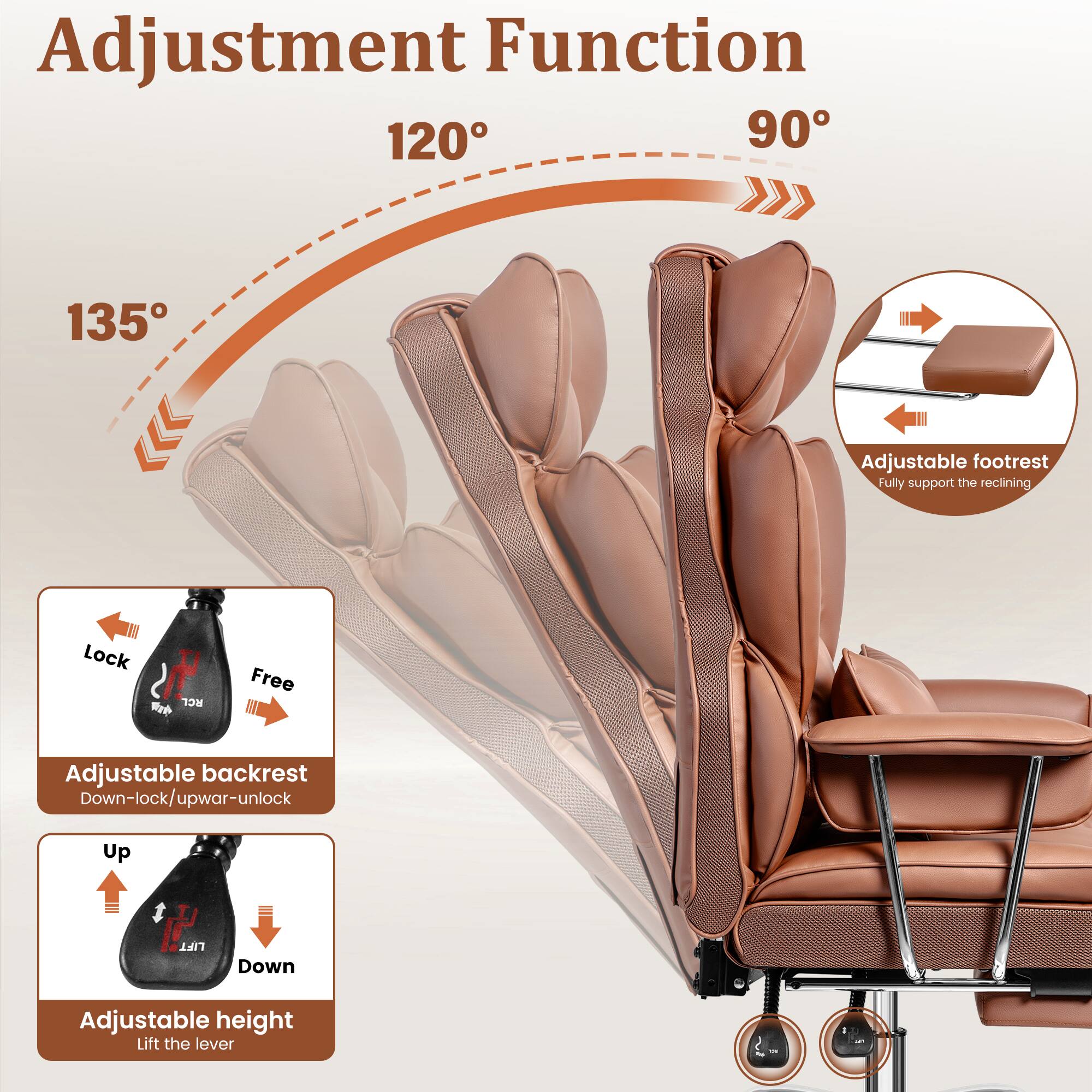 Adjustment Function

120° 90° 135°

Adjustable footrest  
Fully support the reclining

Adjustable backrest  
Down-lock/upwar-unlock

Adjustable height  
Lift the lever