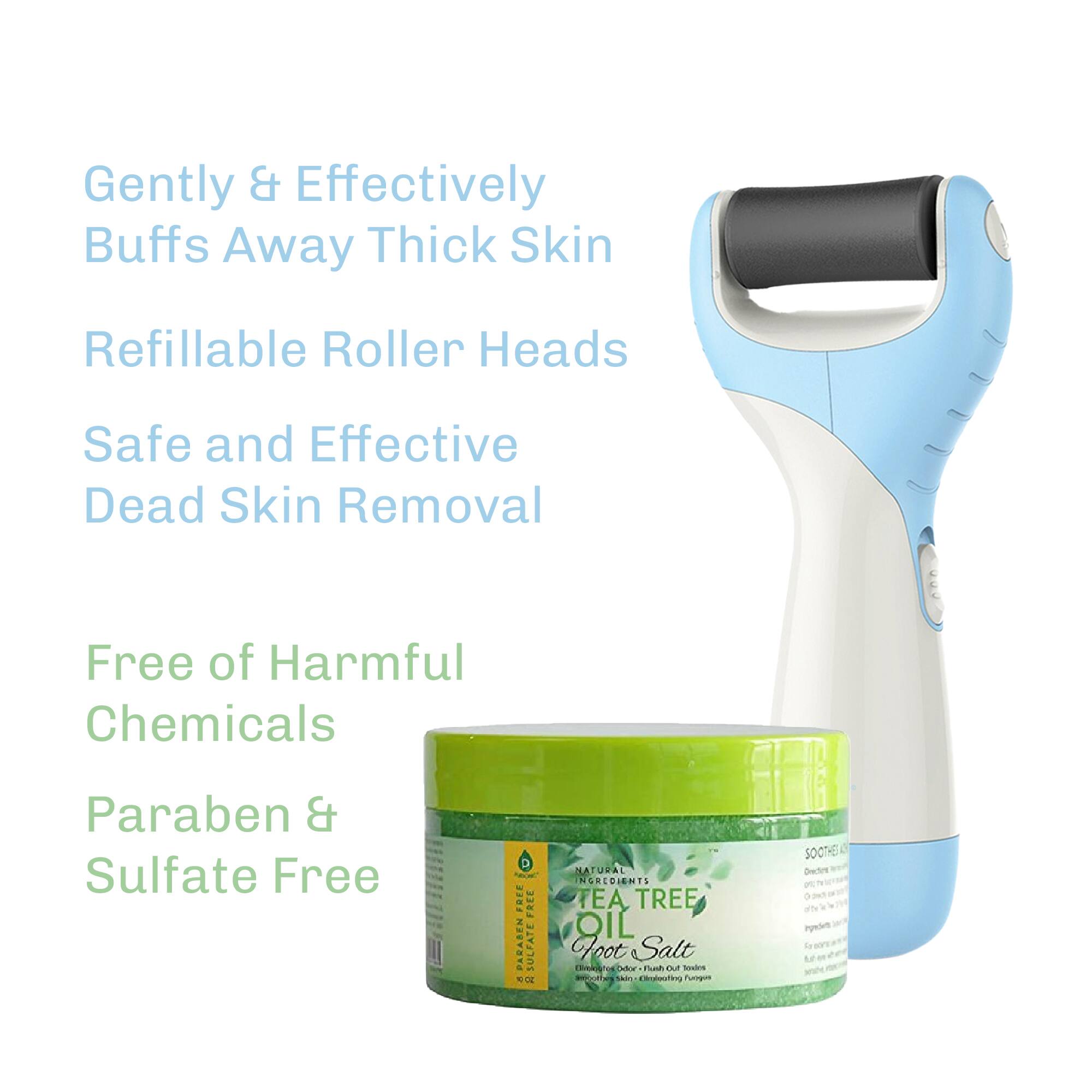 Gently & Effectively Buffs Away Thick Skin  
Refillable Roller Heads  
Safe and Effective Dead Skin Removal  
Free of Harmful Chemicals  
Paraben & Sulfate Free  
Natural Ingredients: Tea Tree Oil, Foot Salt