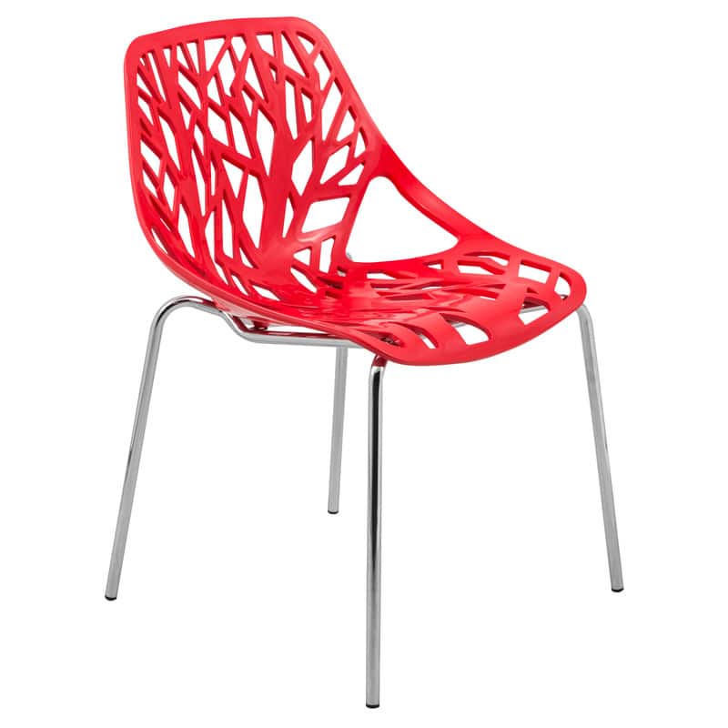 LeisureMod - Asbury Stackable Modern Dining Chair with Cut Out Design and Chrome Legs Side Chair for Home Living Room - Red