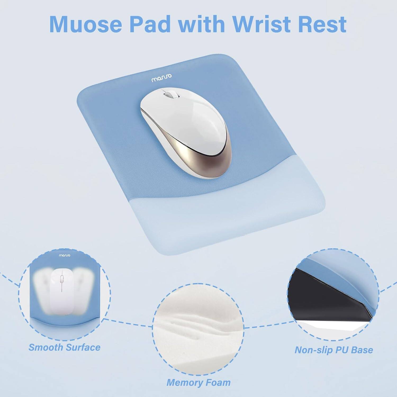 Muose Pad with Wrist Rest  
manso marir  
Smooth Surface  
Non-slip PU Base  
Memory Foam