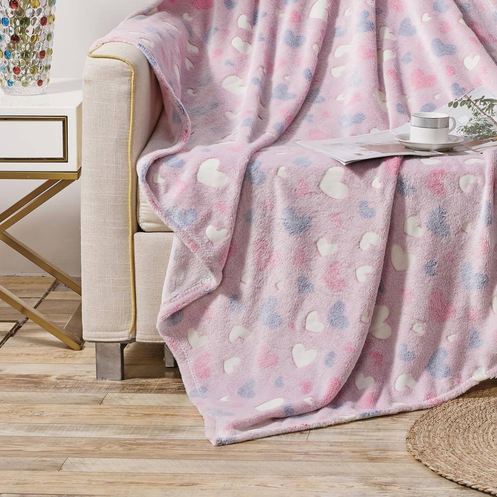 Alt View 2. Noble House - Plazatex Pink Hearts Soft & Cozy Glow in the Dark Throw Blanket Ideal for Bedroom & Living Room Decor 50"x60" Pink - Pink.