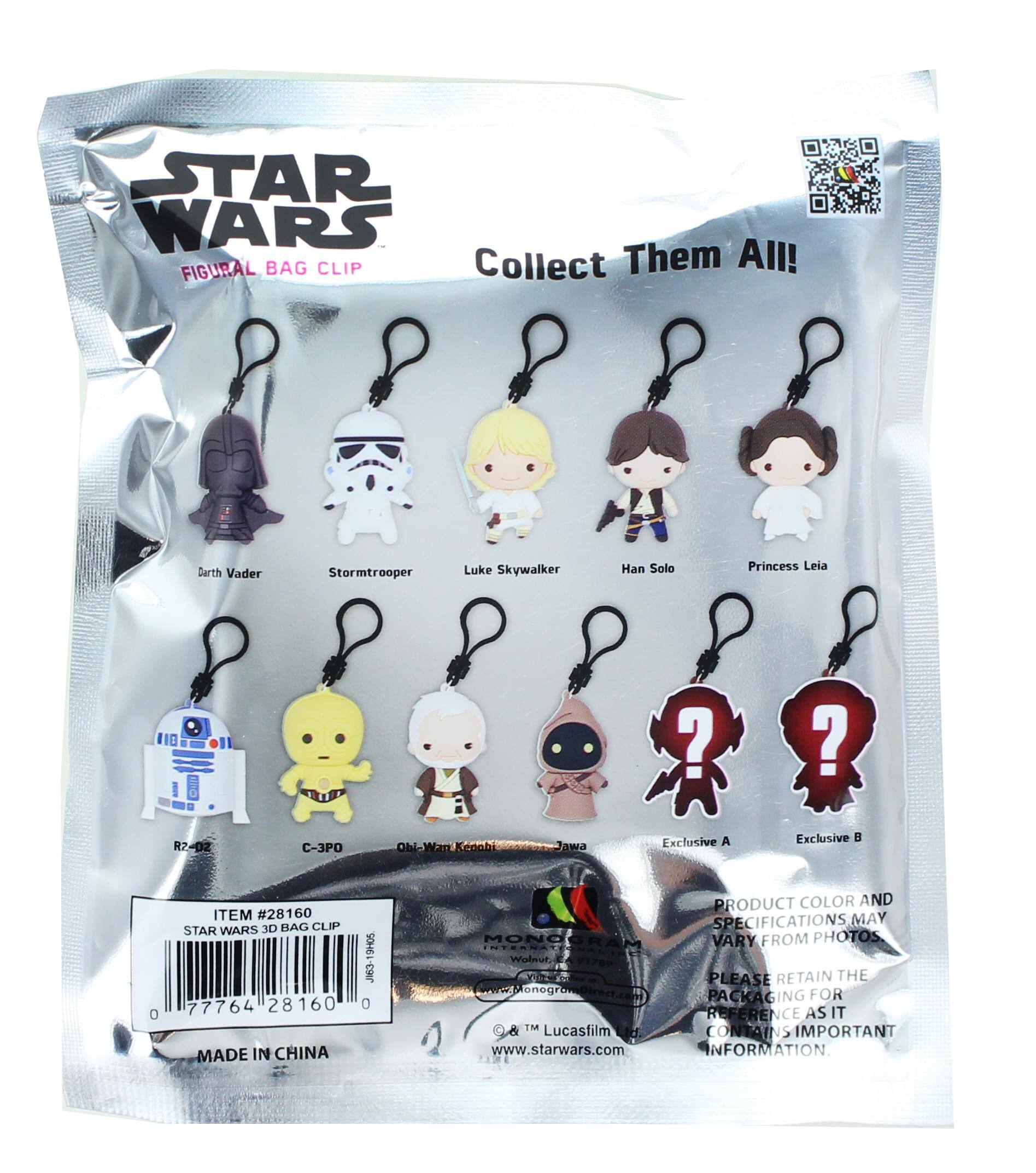 **STAR WARS**  
**FIGURAL BAG CLIP**  
Collect Them All!  

- Darth Vader  
- Stormtrooper  
- Luke Skywalker  
- Han Solo  
- Princess Leia  
- R2-D2  
- C-3PO  
- Obi-Wan Kenobi  
- Jawa  
- Exclusive A  
- Exclusive B  

**ITEM #28160**  
**STAR WARS 3D BAG CLIP**  
**77764 28160**  
**MADE IN CHINA**  

**PRODUCT COLOR AND SPECIFICATIONS MAY VARY FROM PHOTOS**  
**PLEASE RETAIN THE PACKAGING FOR REFERENCE AS IT CONTAINS IMPORTANT INFORMATION**  

**www.MonograwDirect.com**  
**www.starwars.com**  

**Lucasfilm**  
**TM**