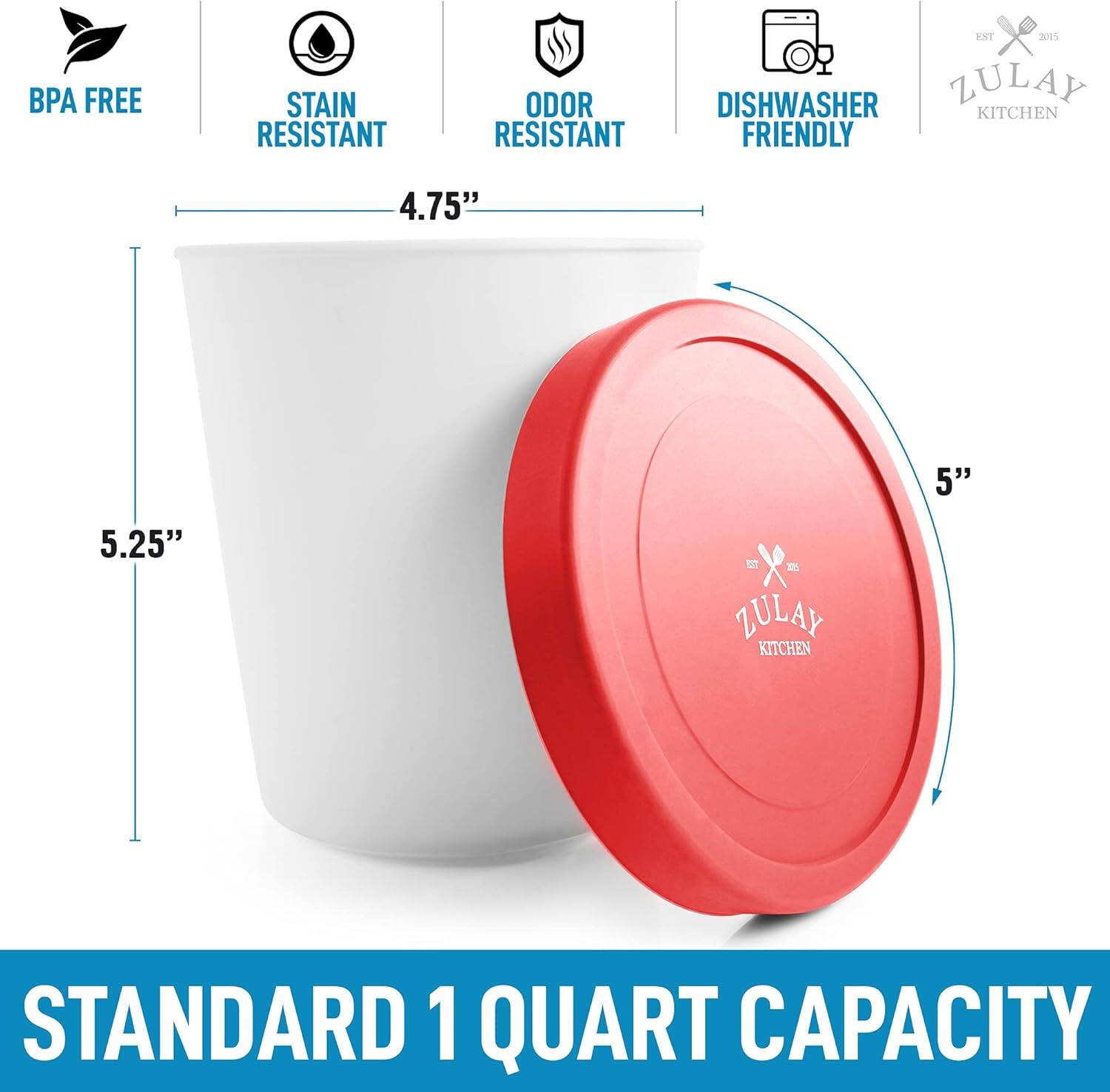 BPA Free  
Stain Resistant  
Odor Resistant  
Dishwasher Friendly  

4.75"  
5.25"  
5"  

Standard 1 Quart Capacity