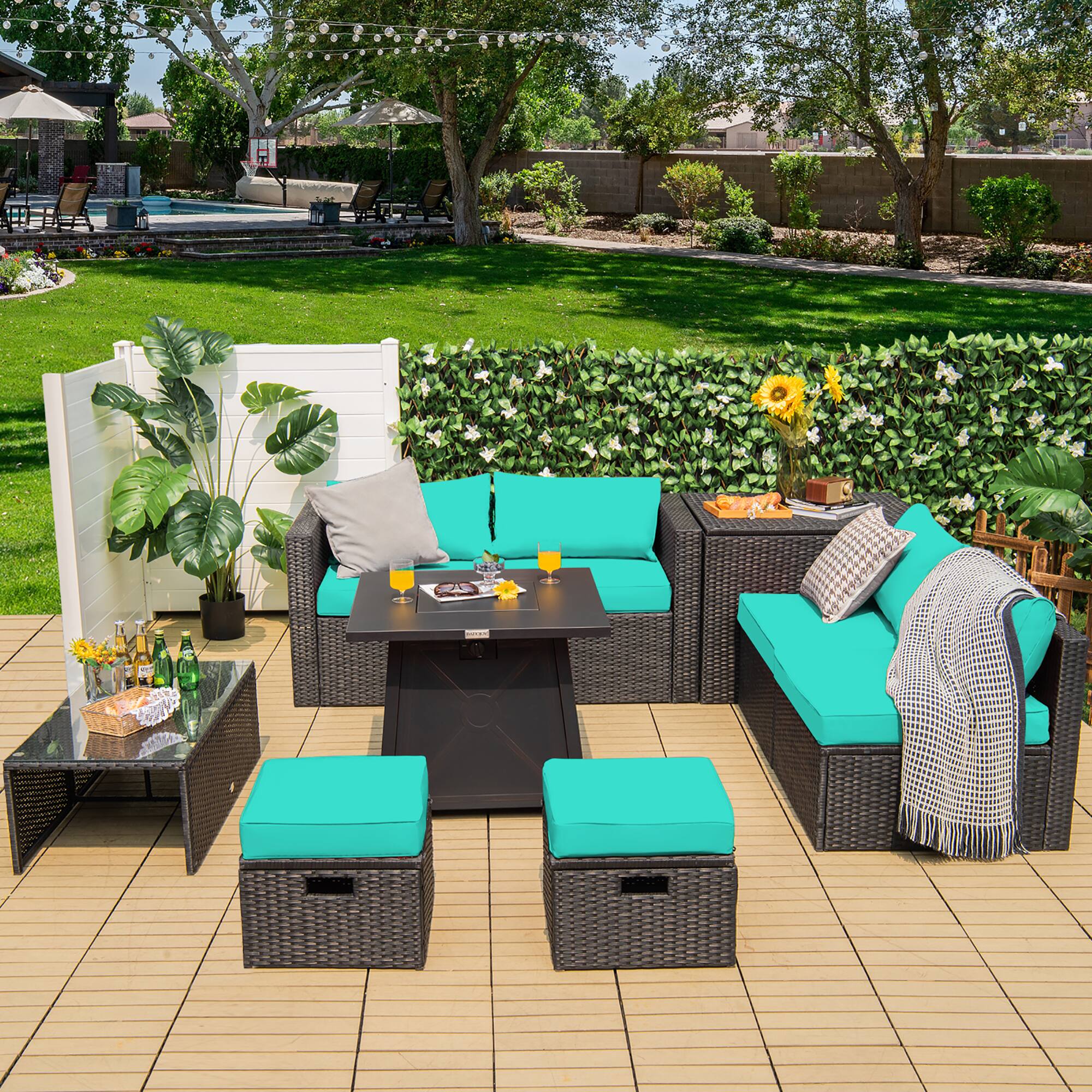 Alt View 2. Costway - Costway 9PCS Patio Rattan Furniture Set Fire Pit Space-saving W/Cover Cushion cover - Turquoise.