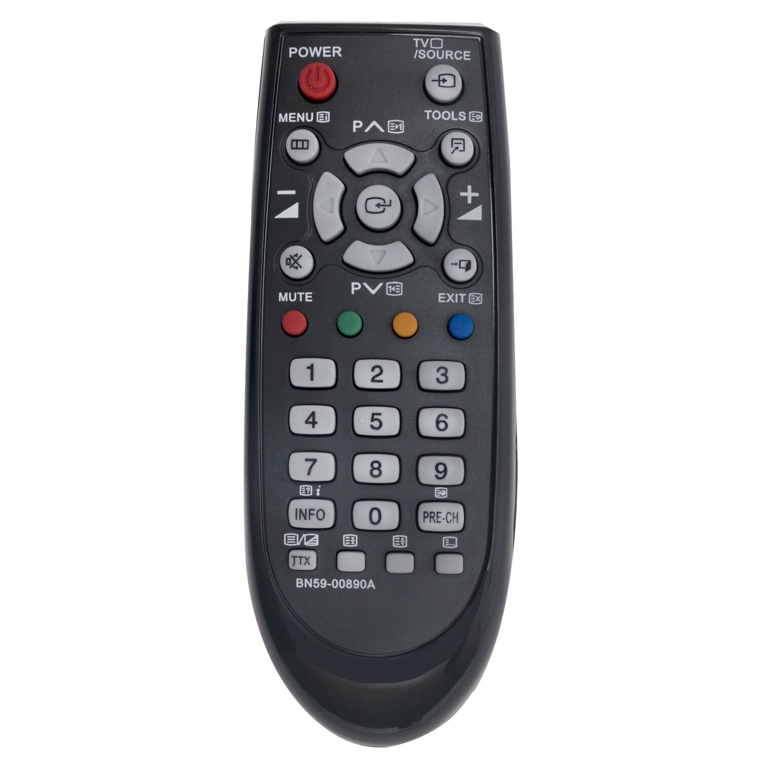 POWER TVO /SOURCE MENU a 2M TOOLS te + MUTE PV P 1E -9 EXIT 1X 1 2 3 4 5 6 7 11 i INFO 2 8 0 El 9 PRE-CH TTX BN59-00890A