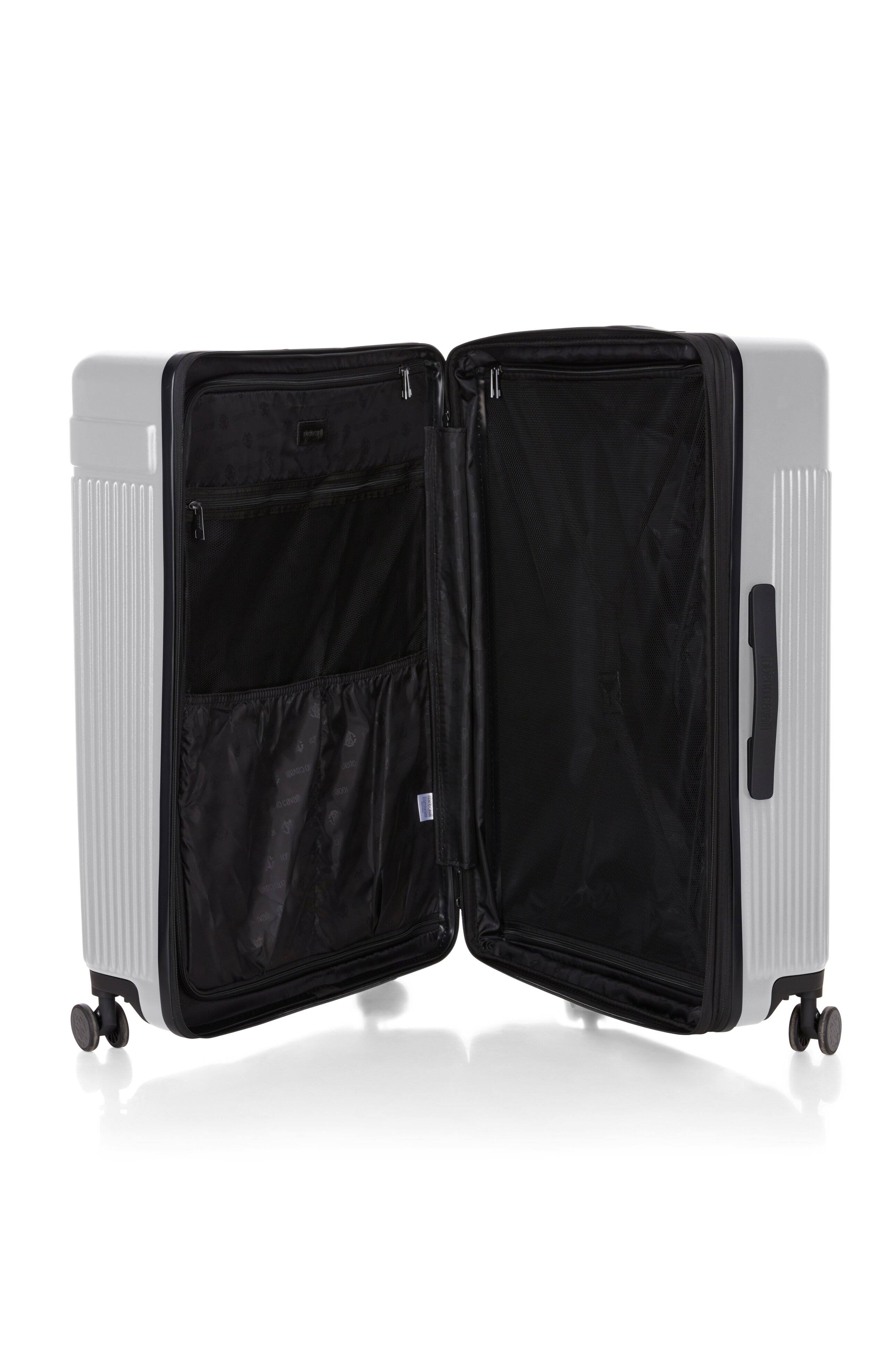 Left. Roberto Cavalli - 3 Piece Luggage Set with Expandable Hard Shell & 8 Spinner Wheels - SILVER.