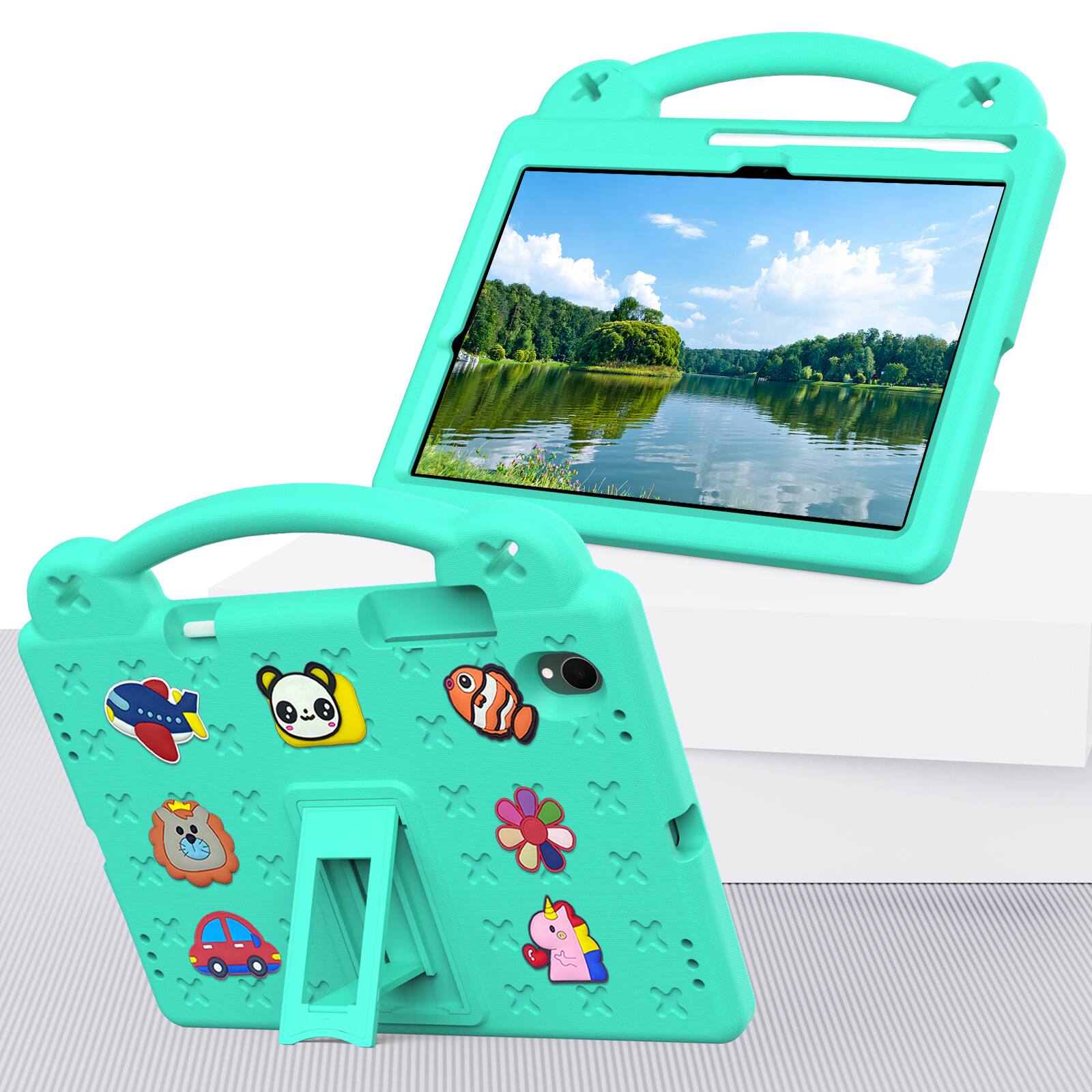 Angle. UUCOVER - Kids Case for Samsung Galaxy Tab S11 11-inch 2025 SM-X730 SM-X736B,Shockproof EVA Case Handle Adjustable Stand Cover - Mint.