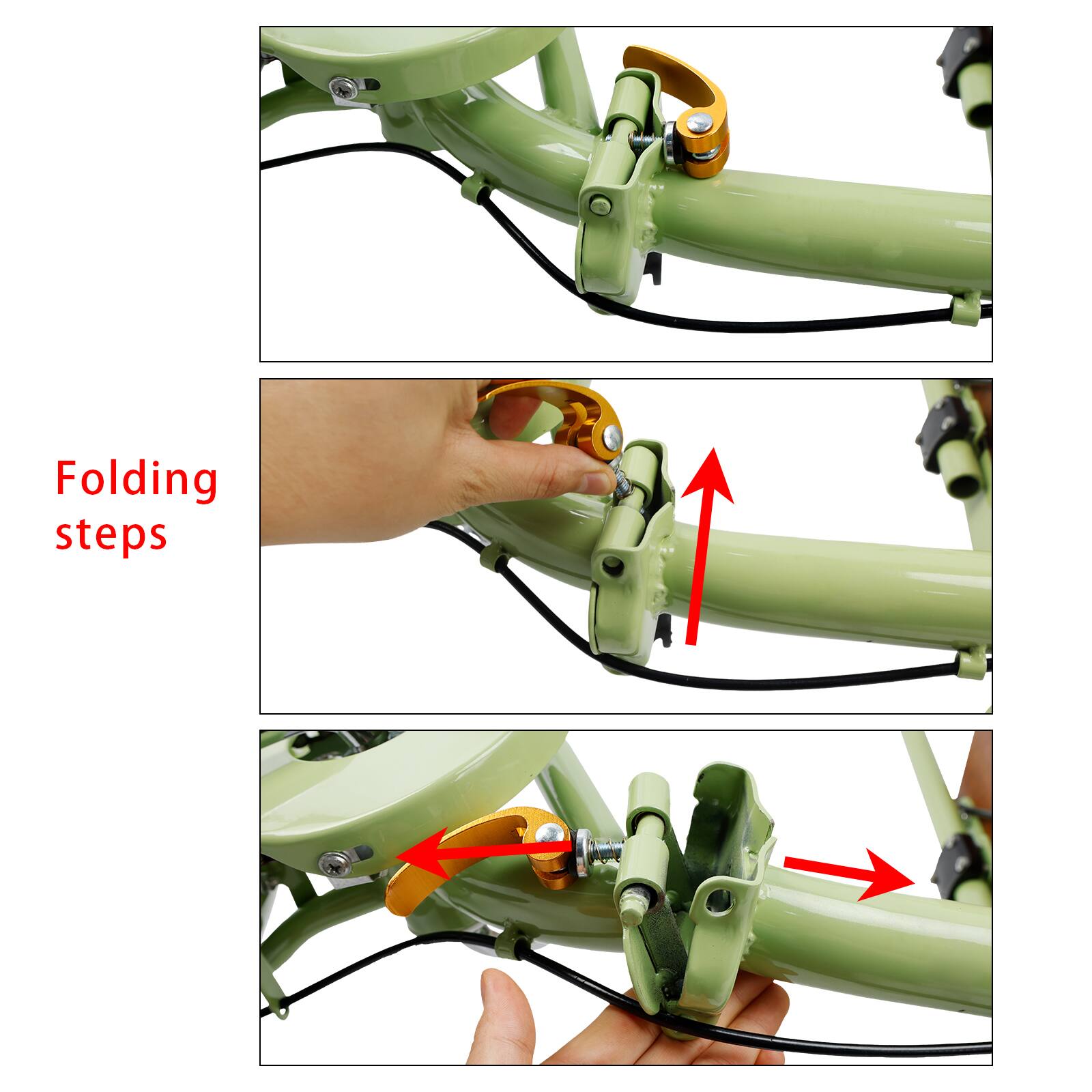 Folding steps

1. Locate the release lever on the frame.
2. Pull the release lever to unlock the joint.
3. Fold the frame by pulling it towards you.