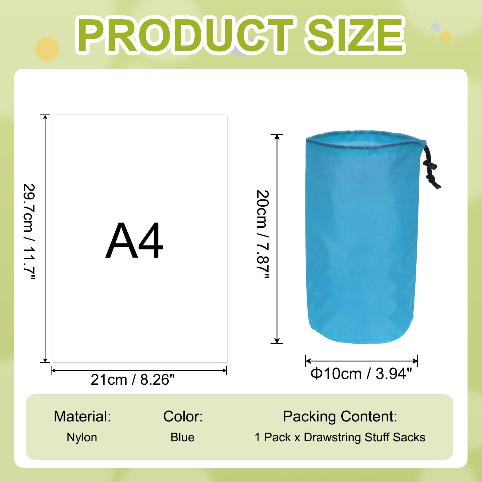 PRODUCT SIZE

- 29.7cm / 11.7"
- 21cm / 8.26"
- 20cm / 7.87"
- A4
- Φ10cm / 3.94"

Material: Nylon  
Color: Blue  
Packing Content: 1 Pack x Drawstring Stuff Sacks
