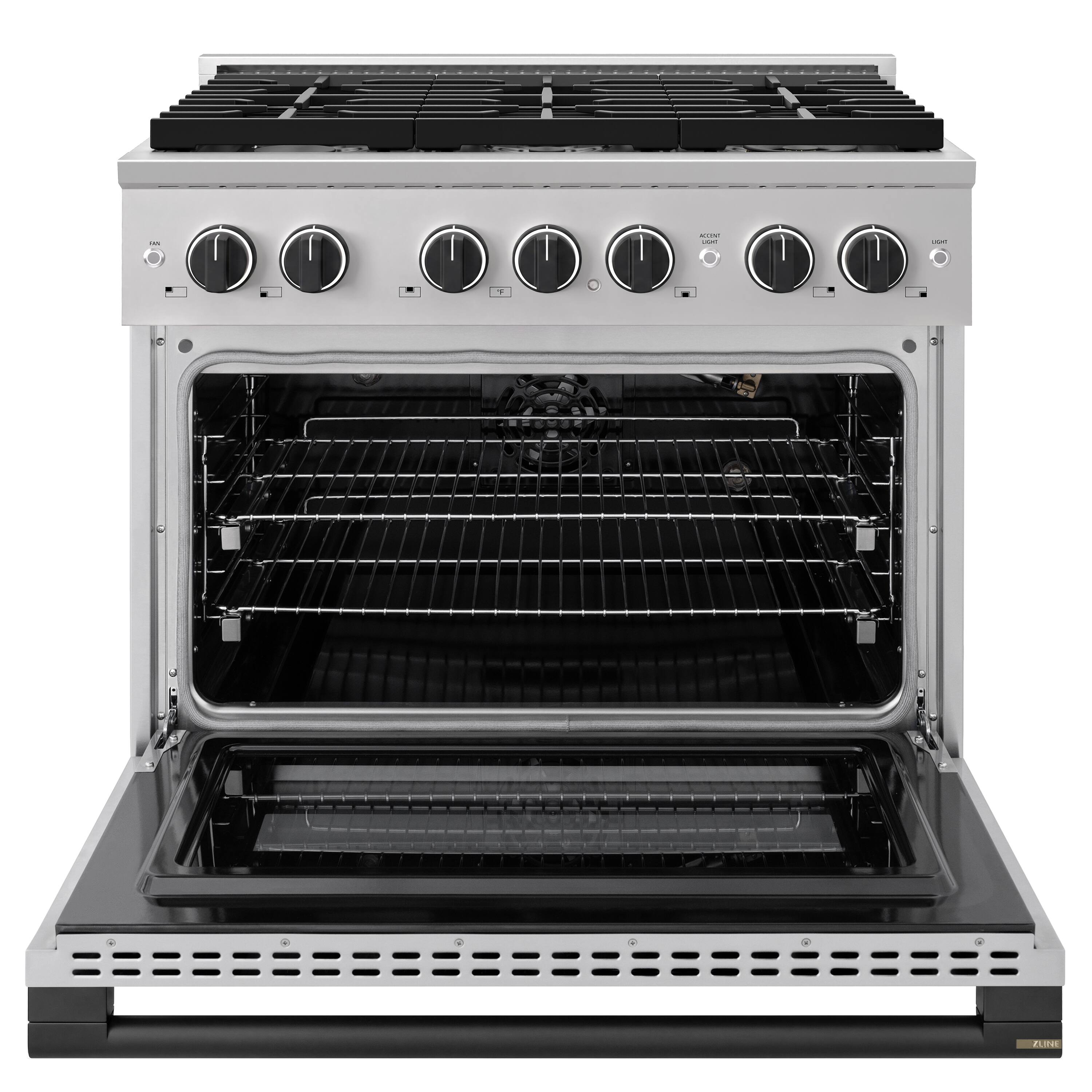 Angle. ZLINE - Autograph 36 in. 5.2 cu. ft. Marino Freestanding Gas Range with 6 Burners and Manual Clean Oven with Black Accents - Stainless Steel.