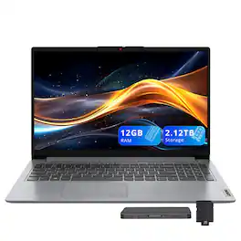 Lenovo - IdeaPad 1 15.6" HD Laptop,Intel N4500,12GB RAM,1TB SSD+128GB eMMC+1TB Dock Set,Num Pad, Webcam,Win 11,Grey - Gray