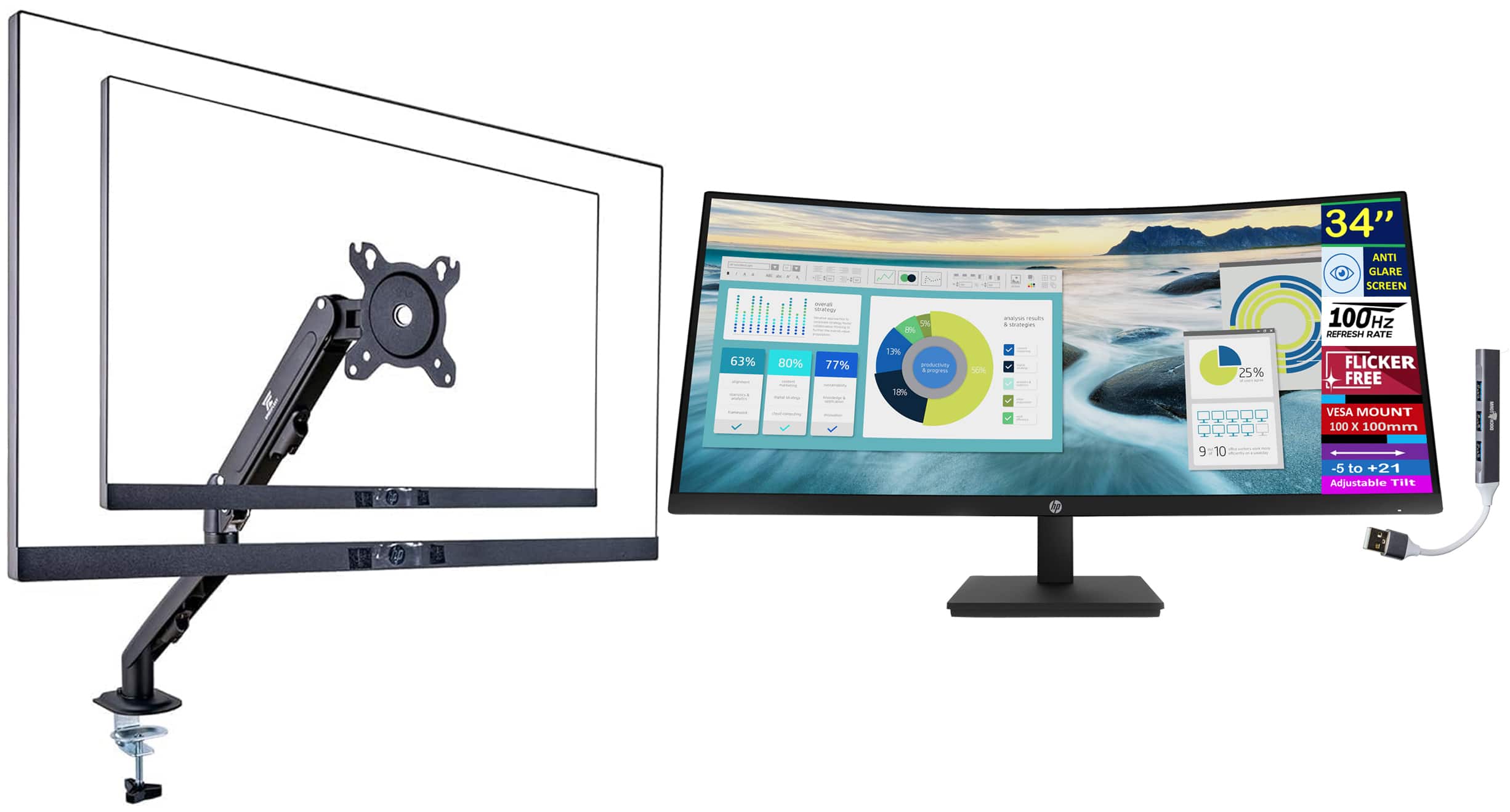 HP - 34" WQHD Monitor, Anti-Glare, Flicker Free, 5ms Response Time, HDMI, w/DKZ Hub & ErgoFlexy Single Mount Arm - Black