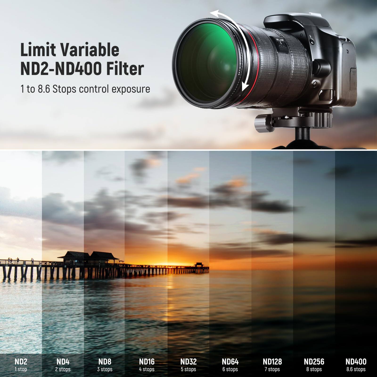 Limit Variable ND2-ND400 Filter  
1 to 8.6 Stops control exposure  

ND2 - 1 stop  
ND4 - 2 stops  
ND8 - 3 stops  
ND16 - 4 stops  
ND32 - 5 stops  
ND64 - 6 stops  
ND128 - 7 stops  
ND256 - 8 stops  
ND400 - 8.6 stops