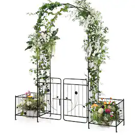 Costway - 87" Garden Arbor Arched Lockable Gate Top Arbor Trellis with Side Planters - Black