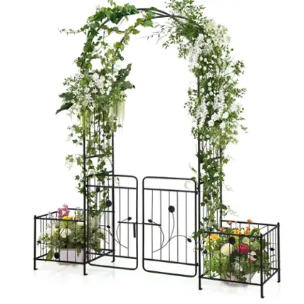 Front. Costway - 87" Garden Arbor Arched Lockable Gate Top Arbor Trellis with Side Planters - Black.