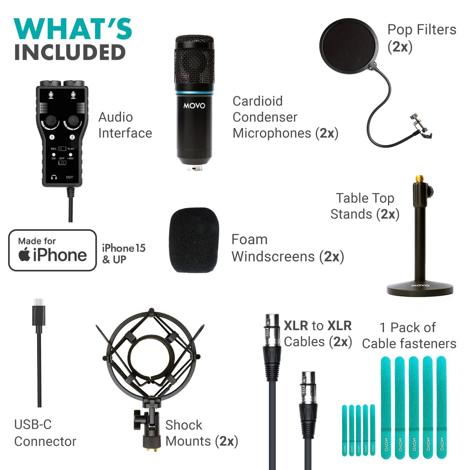 WHAT'S INCLUDED

- Audio Interface
- Cardioid Condenser Microphones (2x)
- Pop Filters (2x)
- Table Top Stands (2x)
- Foam Windscreens (2x)
- XLR to XLR Cables (2x)
- 1 Pack of Cable fasteners
- USB-C Connector
- Shock Mounts (2x)

Made for iPhone 15 & UP