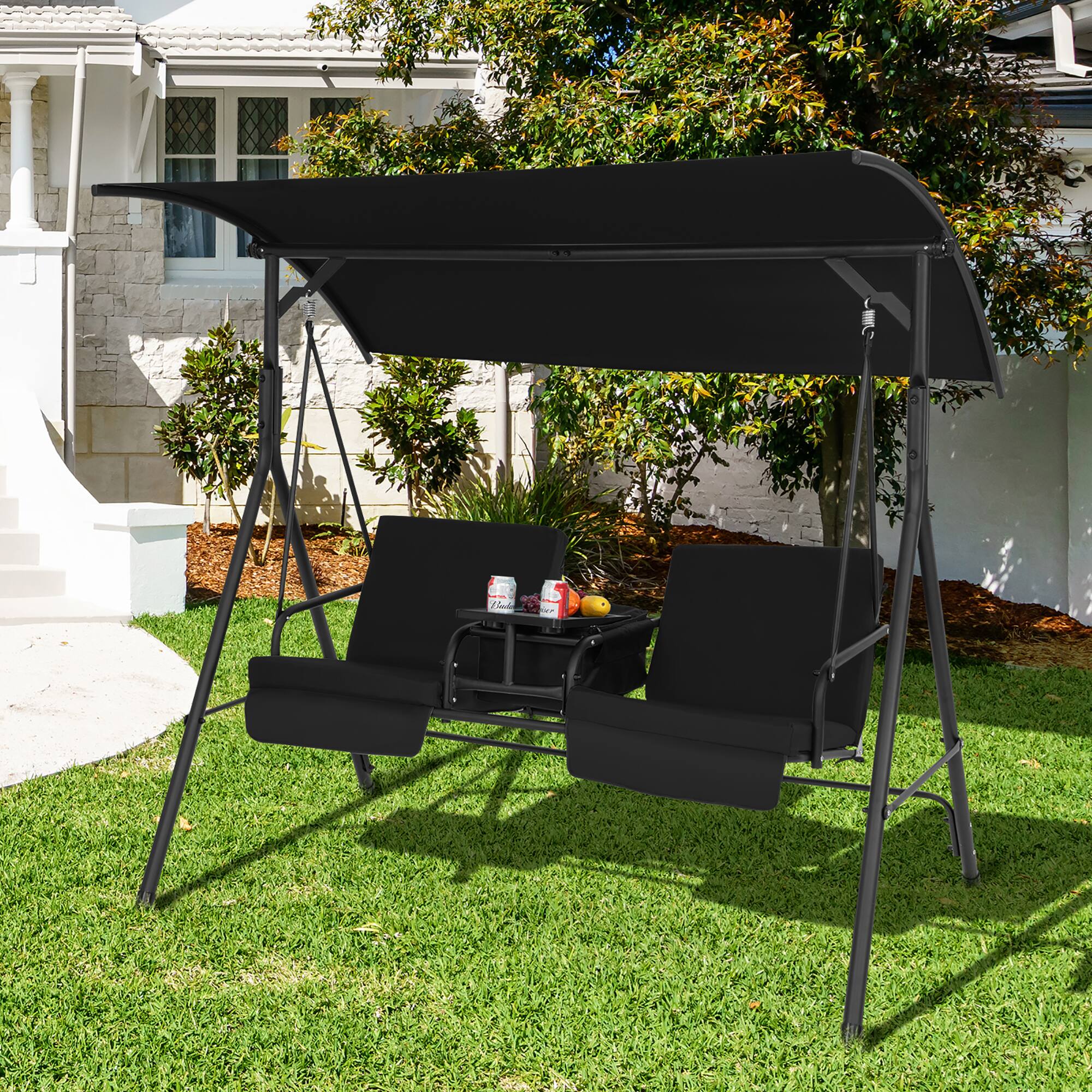 Alt View 2. Costway - Costway 2-Person Canopy Porch Swing Padded Chair Cooler Bag Rotatable Tray - Black.