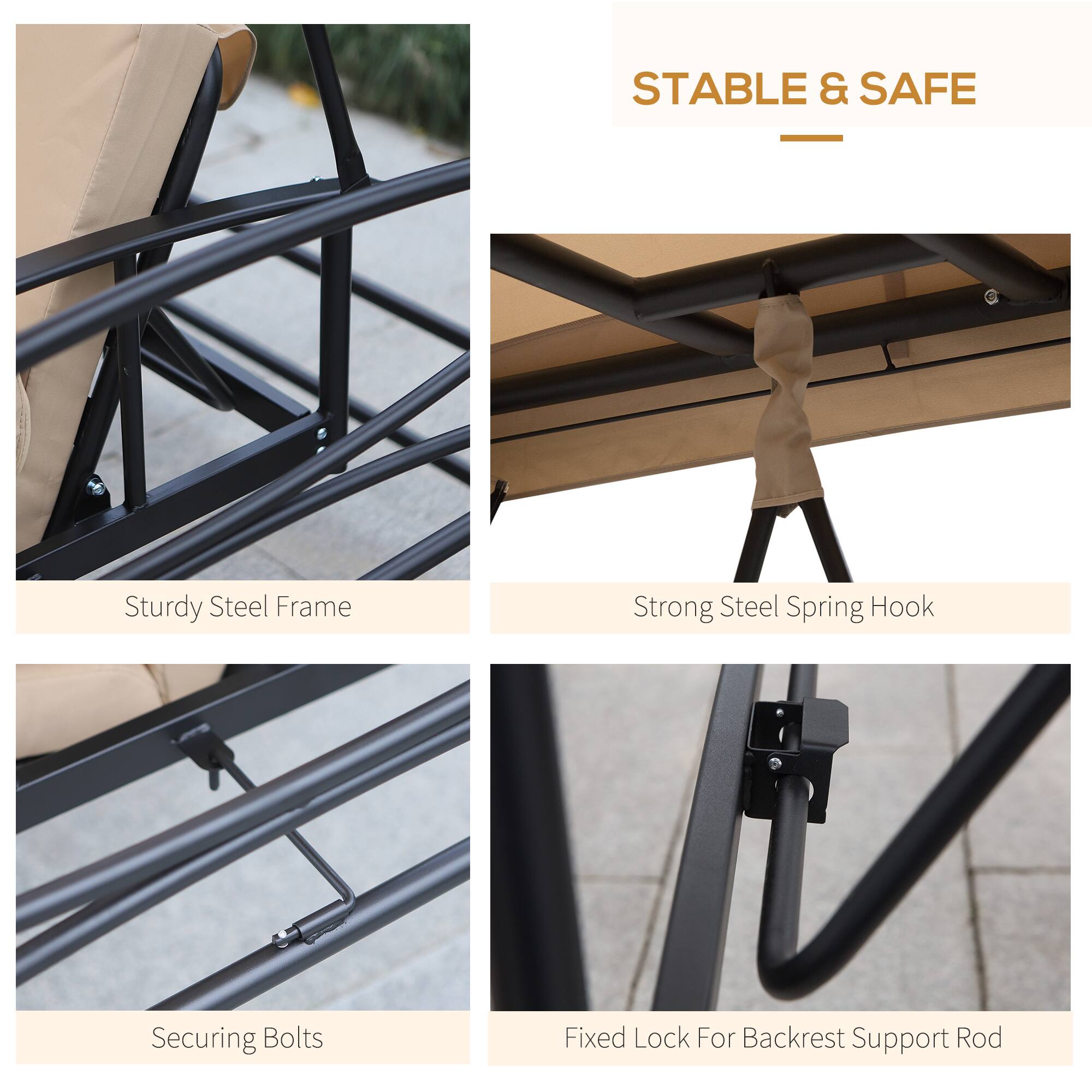 STABLE & SAFE

- Sturdy Steel Frame
- Strong Steel Spring Hook
- Securing Bolts
- Fixed Lock For Backrest Support Rod
