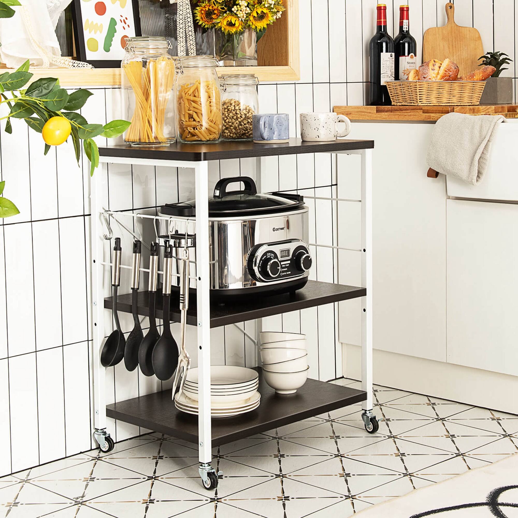 Alt View 1. Costway - Costway 3-Tier Baker's Rack with 10 Removable Hooks Lockable Casters for Coffee Restaurant - Brown.