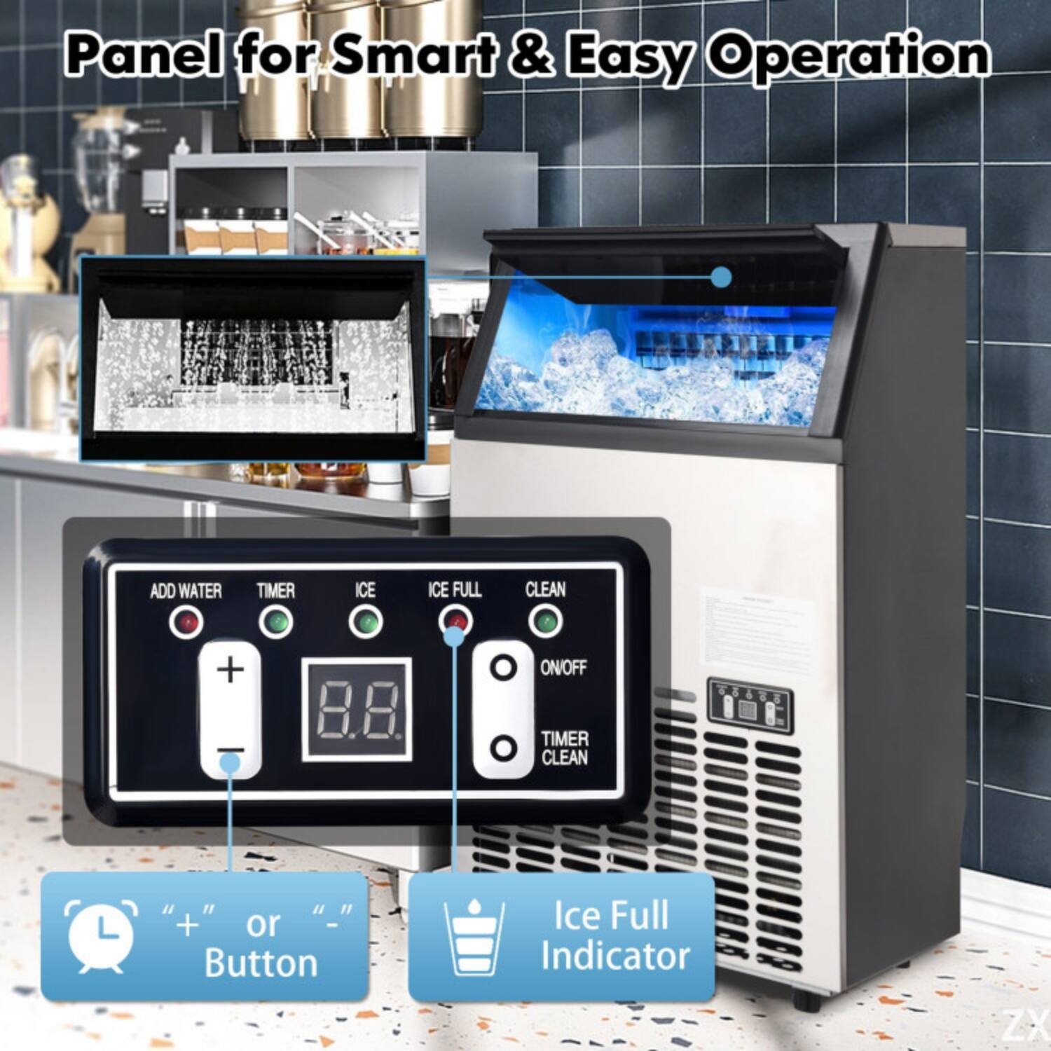 Panel for Smart & Easy Operation

- ADD WATER
- TIMER
- ICE
- ICE FULL
- CLEAN
- ON/OFF
- TIMER CLEAN

" + " or " - " Button

Ice Full Indicator