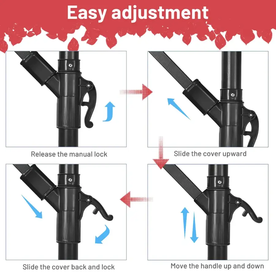 Easy adjustment:

1. Release the manual lock.
2. Slide the cover upward.
3. Slide the cover back and lock.
4. Move the handle up and down.