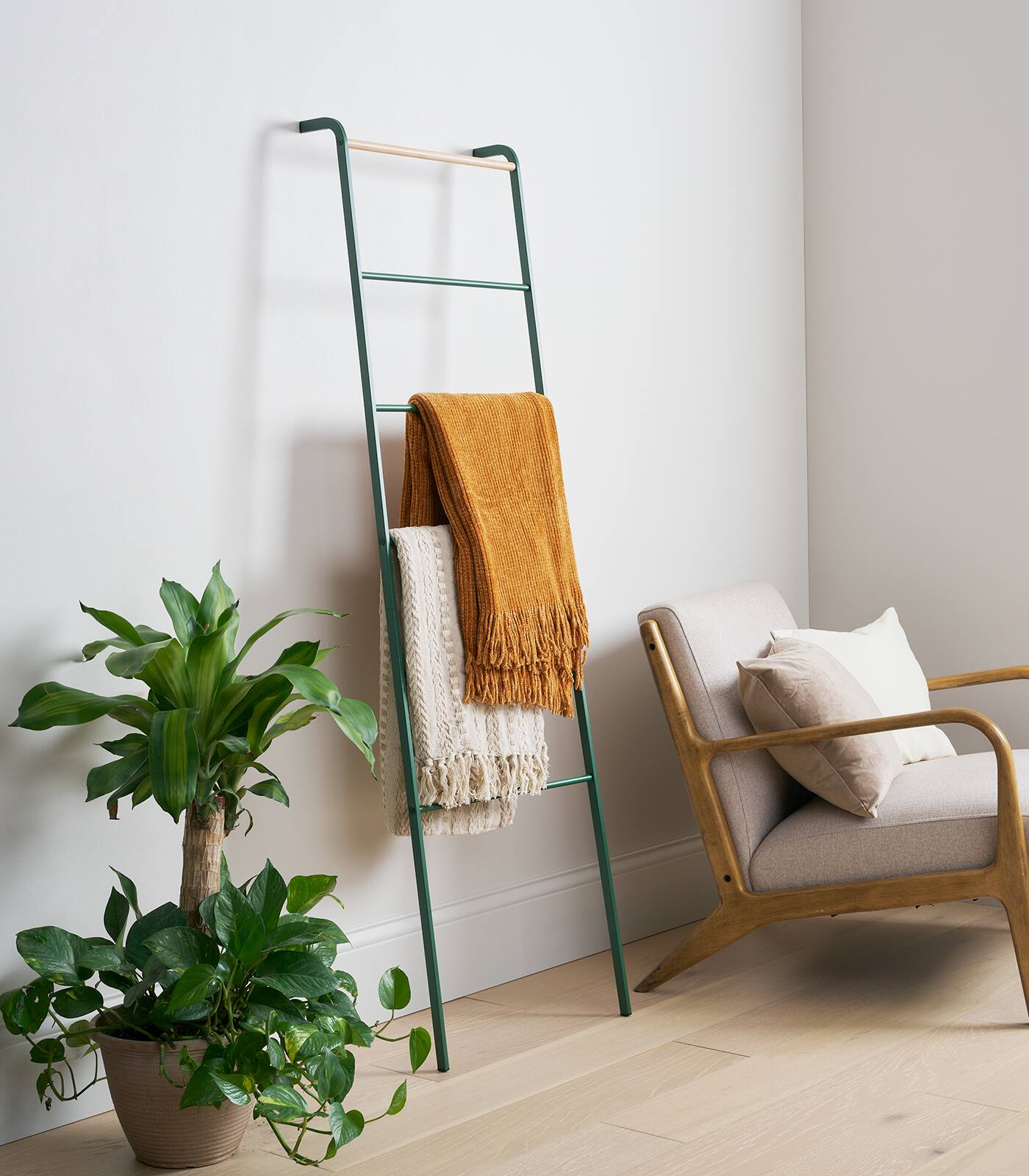 Angle. Yamazaki Home - Leaning Storage Ladder (63" H)  - Steel - Forest Green.
