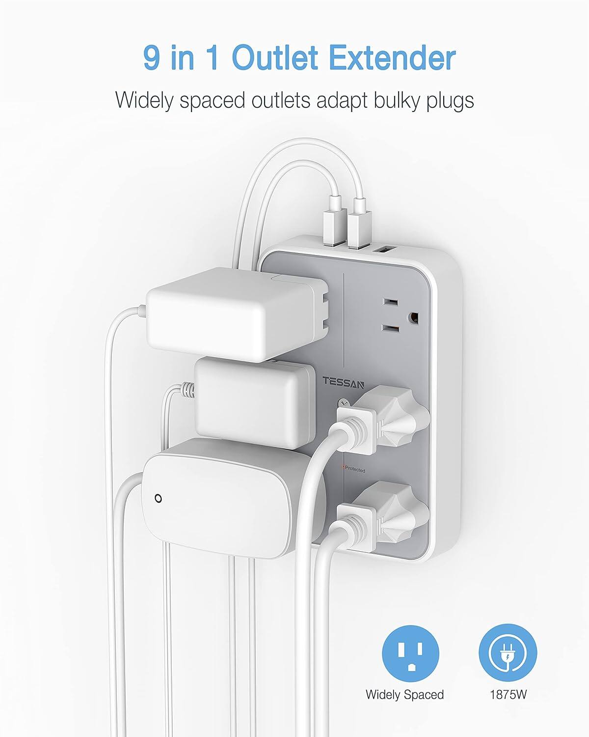 9 in 1 Outlet Extender  
Widely spaced outlets adapt bulky plugs  

TESSAN  

Protected  

Widely Spaced  
1875W