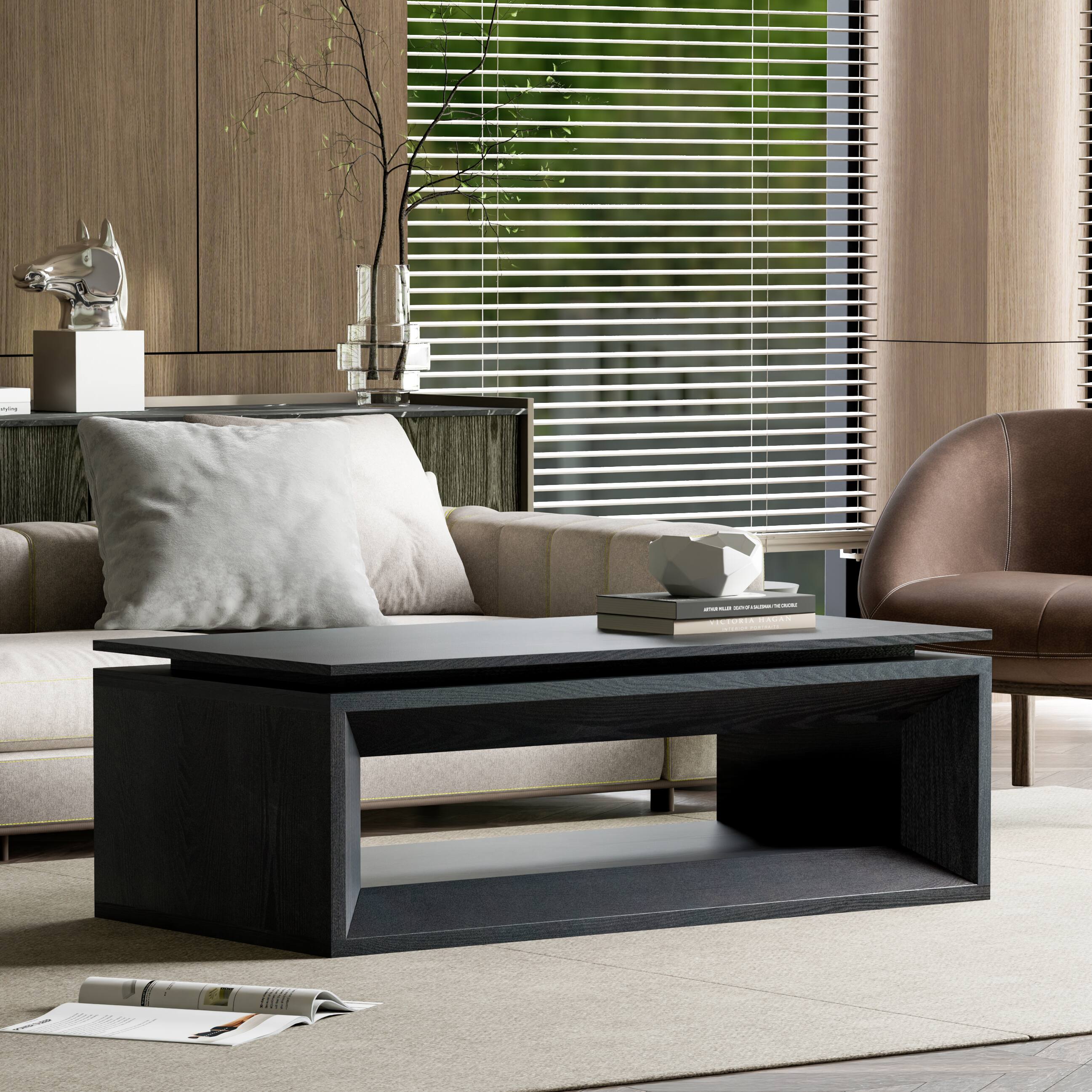 Angle. Loheer - Loheer Black Lift Top Coffee Table with Storage Modern Rising Floating Tabletop Center Table - Black.