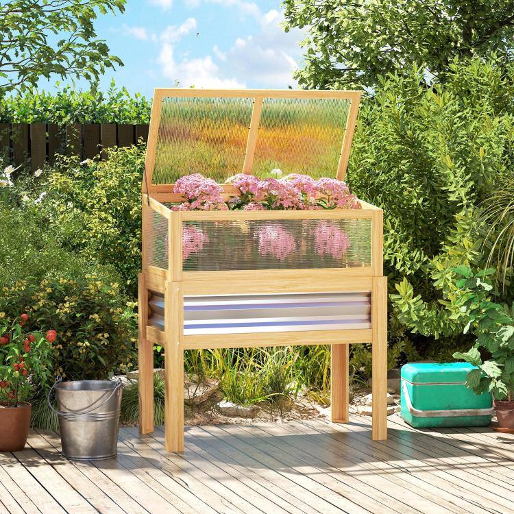 Alt View 2. PULUZ - Raised Garden Bed with Mini Greenhouse, Elevated Planter Box with Legs and Bed Liner for Flowers, Vegetables - Natural.