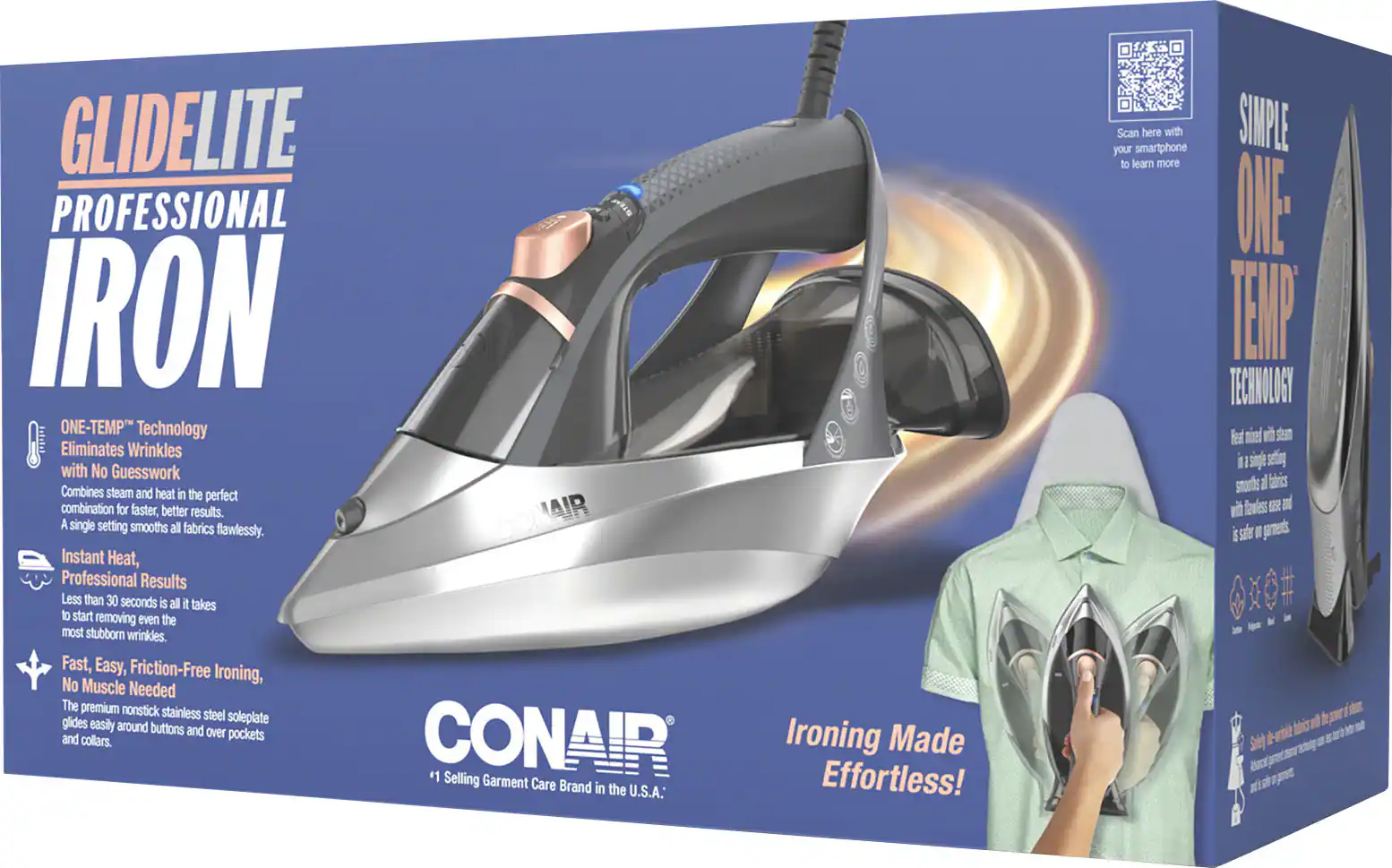 The box contains a Conair Glidelite Professional Iron, which features One-Temp technology that eliminates wrinkles with no guesswork. The iron combines steam and heat in the perfect combination for faster and better results. The premium nonstick stainless steel soleplate glides easily around buttons and over pockets, making ironing and collars effortless. The single setting smooths all fabrics flawlessly, and the instant heat provides professional results in less than 30 seconds. The box also includes a shirt, showcasing the ironing capabilities of the product.